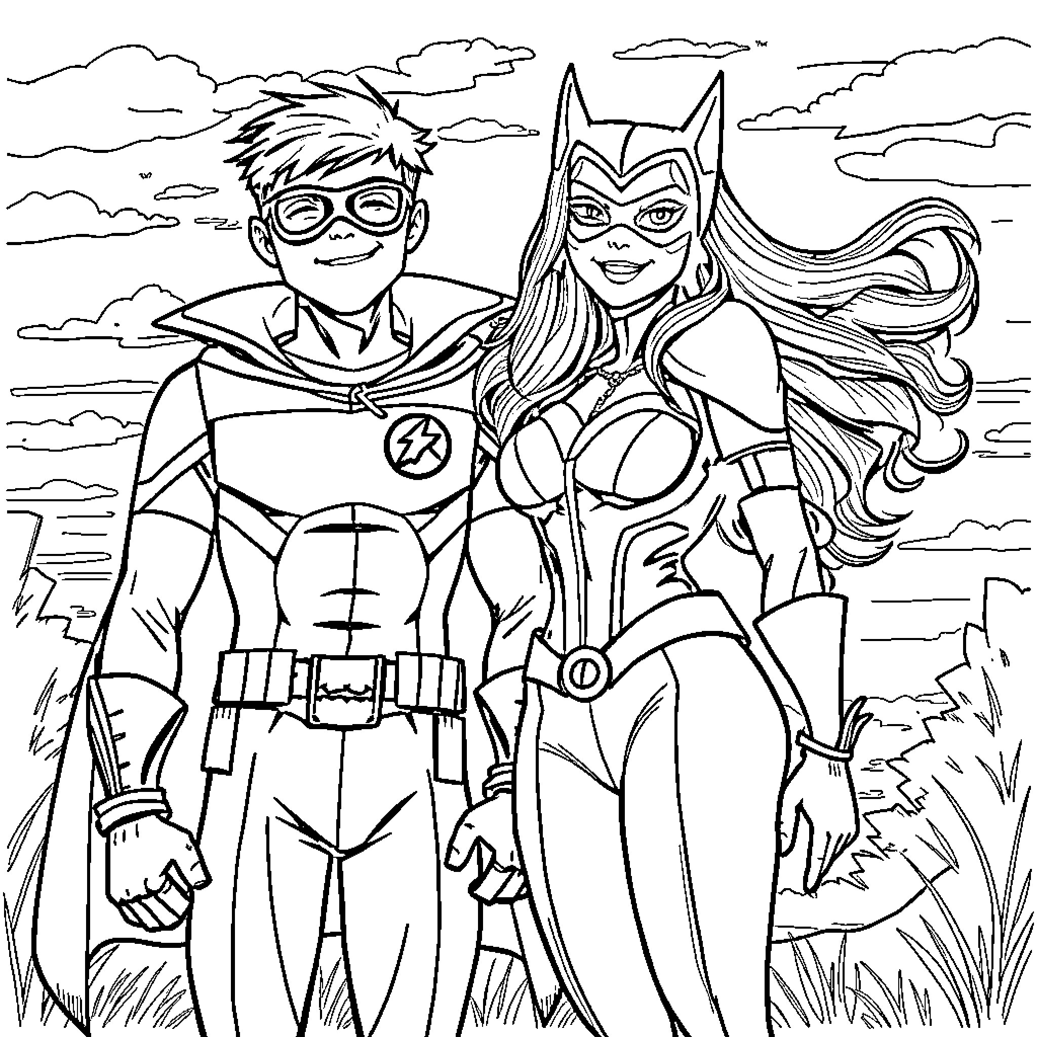 Robin and Batgirl's Heroic Adventure Coloring Page (free black-and-white line drawing printable PDF for all, from beginners to advanced learners, including children, teens, adults, and seniors)
