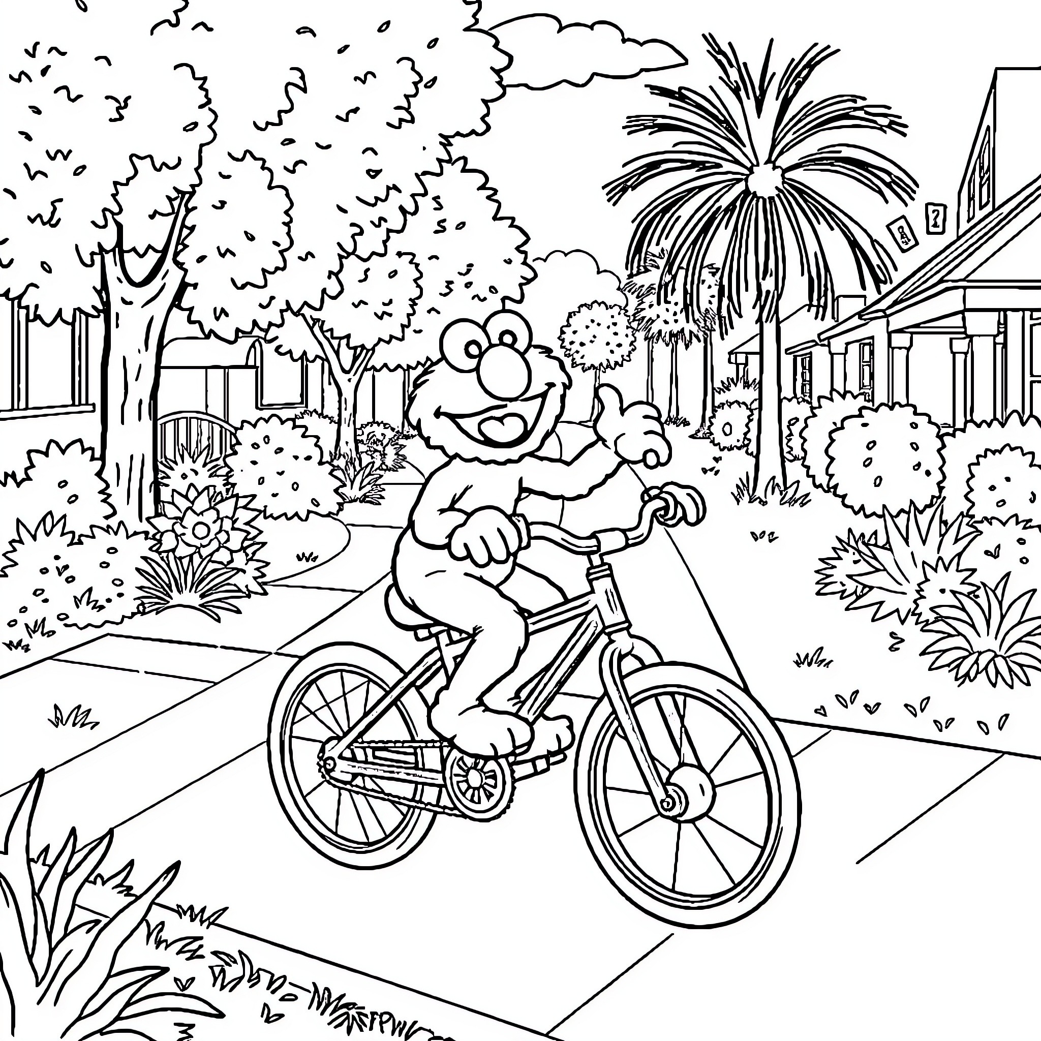 Elmo Riding Bicycle Through Neighborhood Coloring Page (free black-and-white line drawing printable PDF for all, from beginners to advanced learners, including children, teens, adults, and seniors)