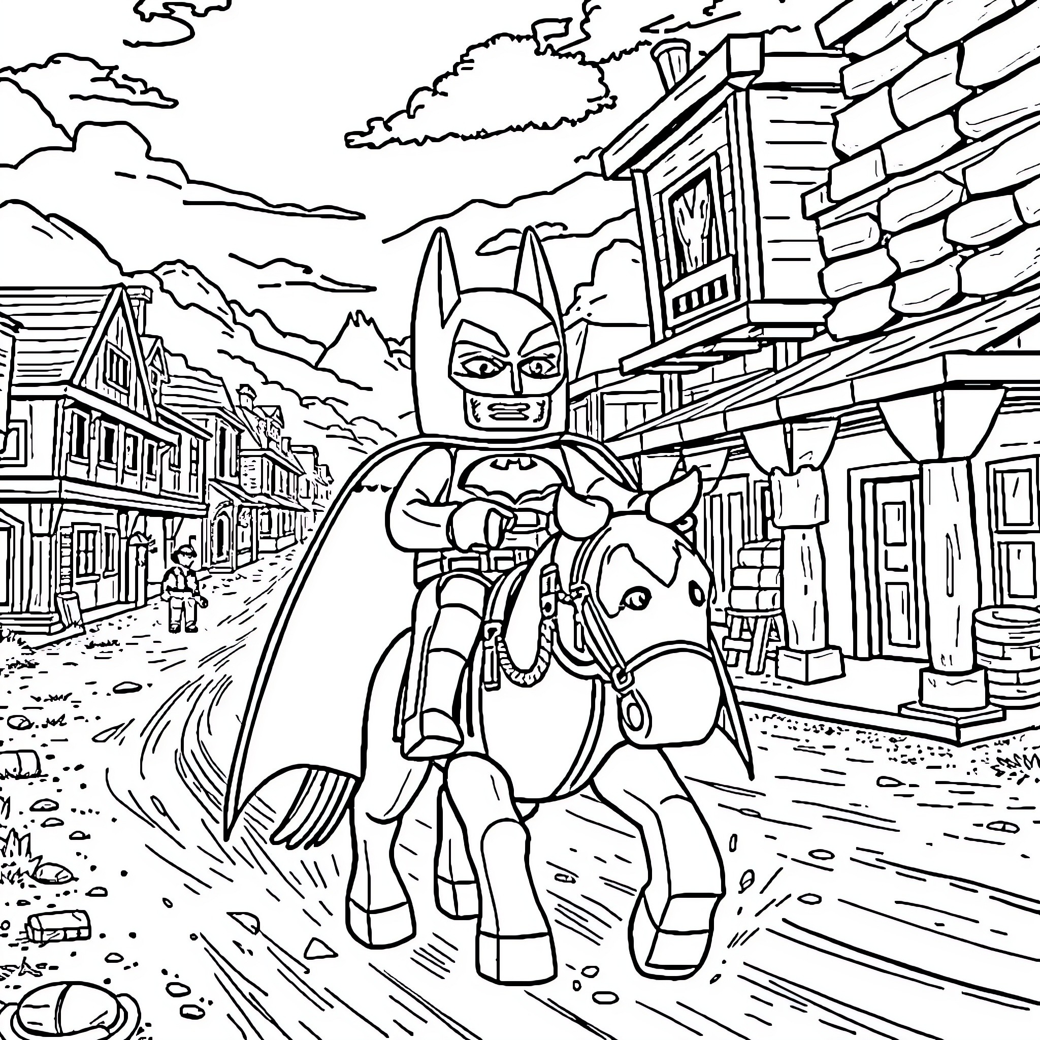 Lego Batman riding a horse through a Western town Coloring Page (free black-and-white line drawing printable PDF for all, from beginners to advanced learners, including children, teens, adults, and seniors)