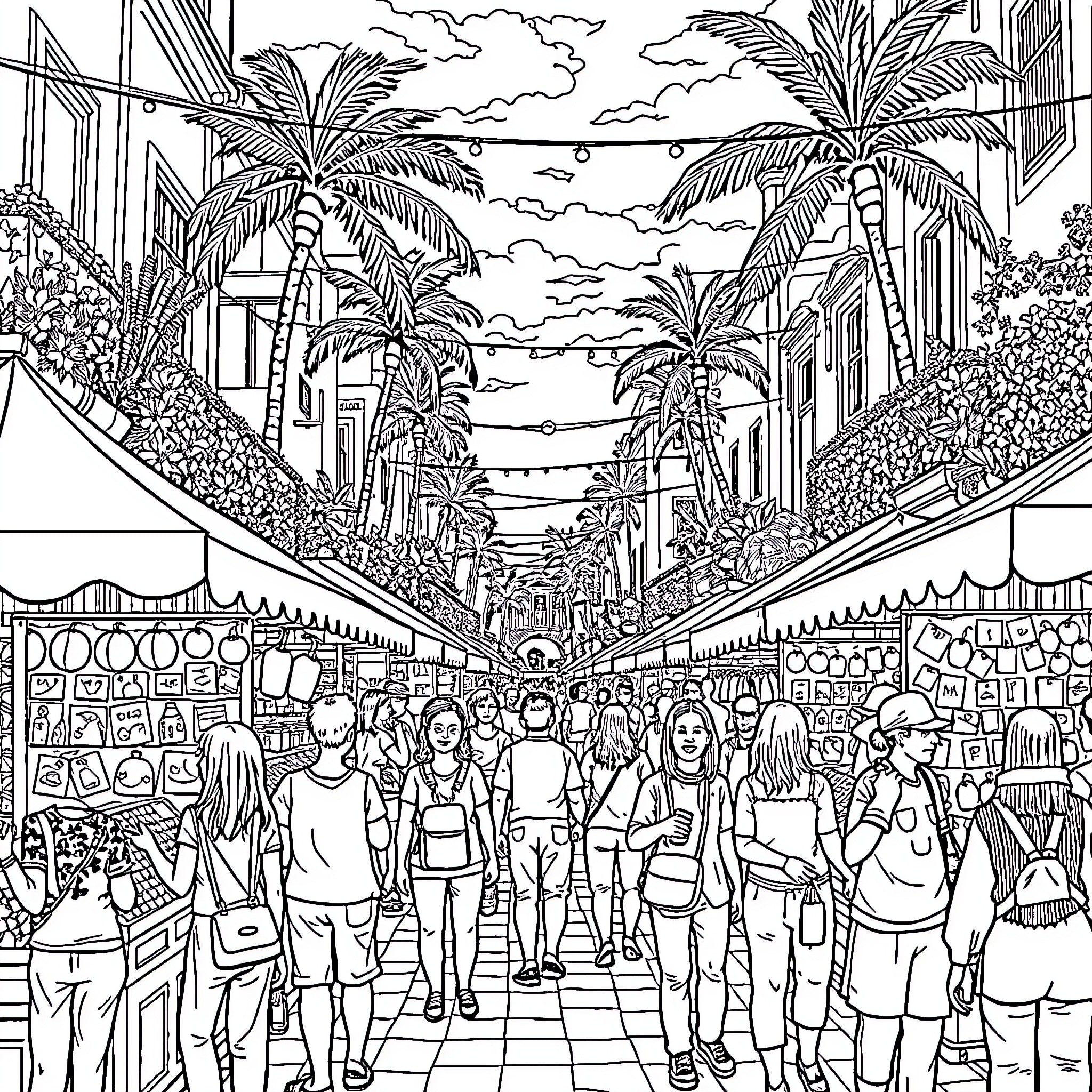 Las Bocales: Vibrant Market Scene in a Tropical Paradise Coloring Page (free black-and-white line drawing printable PDF for all, from beginners to advanced learners, including children, teens, adults, and seniors)