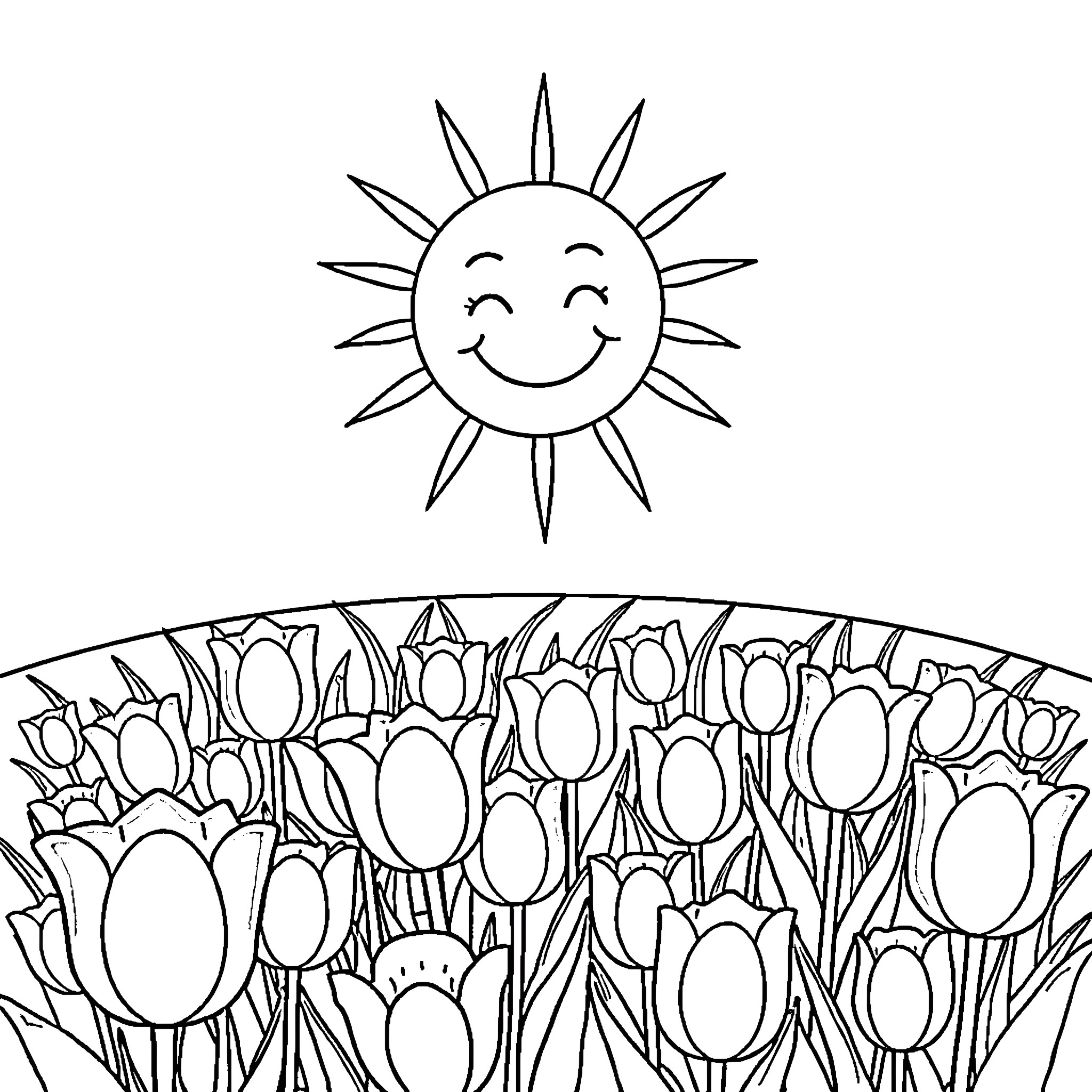 Sunshine shining over a field of tulips Coloring Page (free black-and-white line drawing printable PDF for all, from beginners to advanced learners, including children, teens, adults, and seniors)