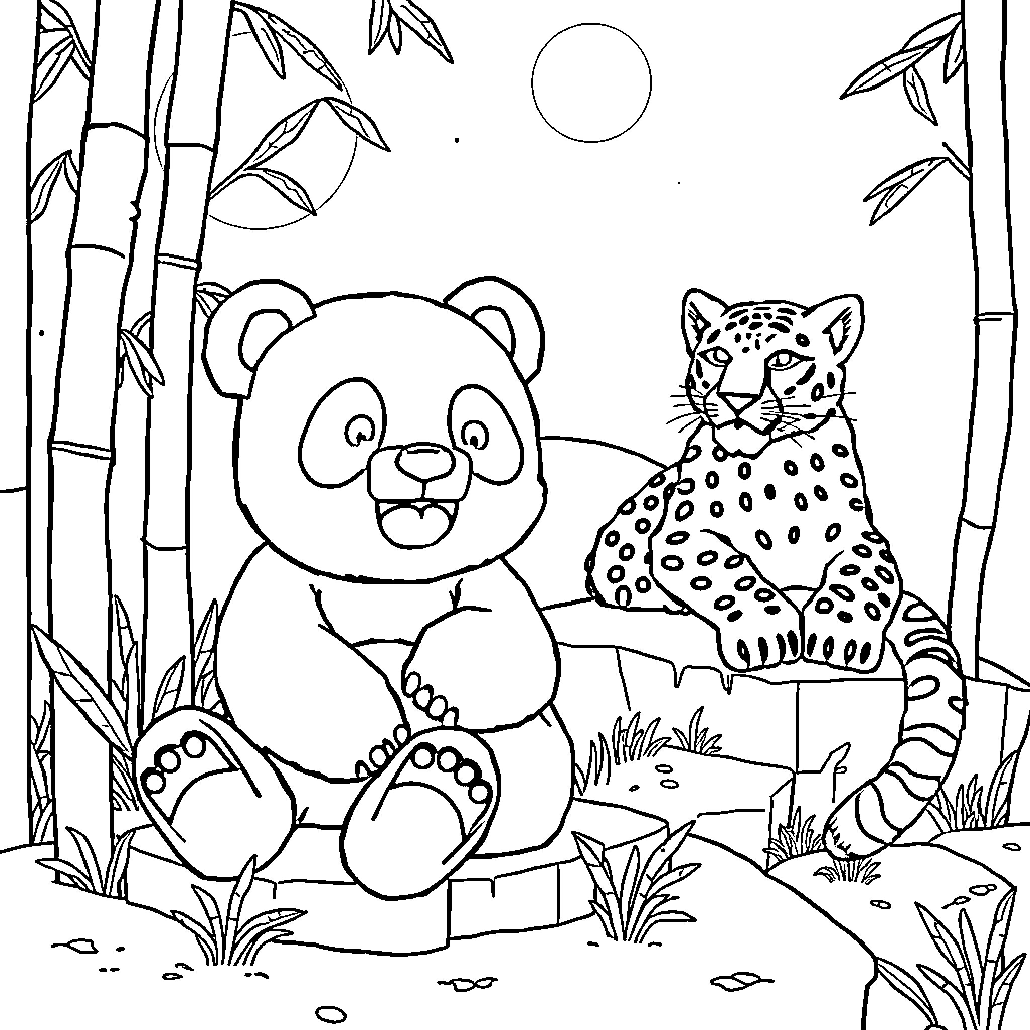 Panda and Leopard in Bamboo Forest Coloring Page (free black-and-white line drawing printable PDF for all, from beginners to advanced learners, including children, teens, adults, and seniors)