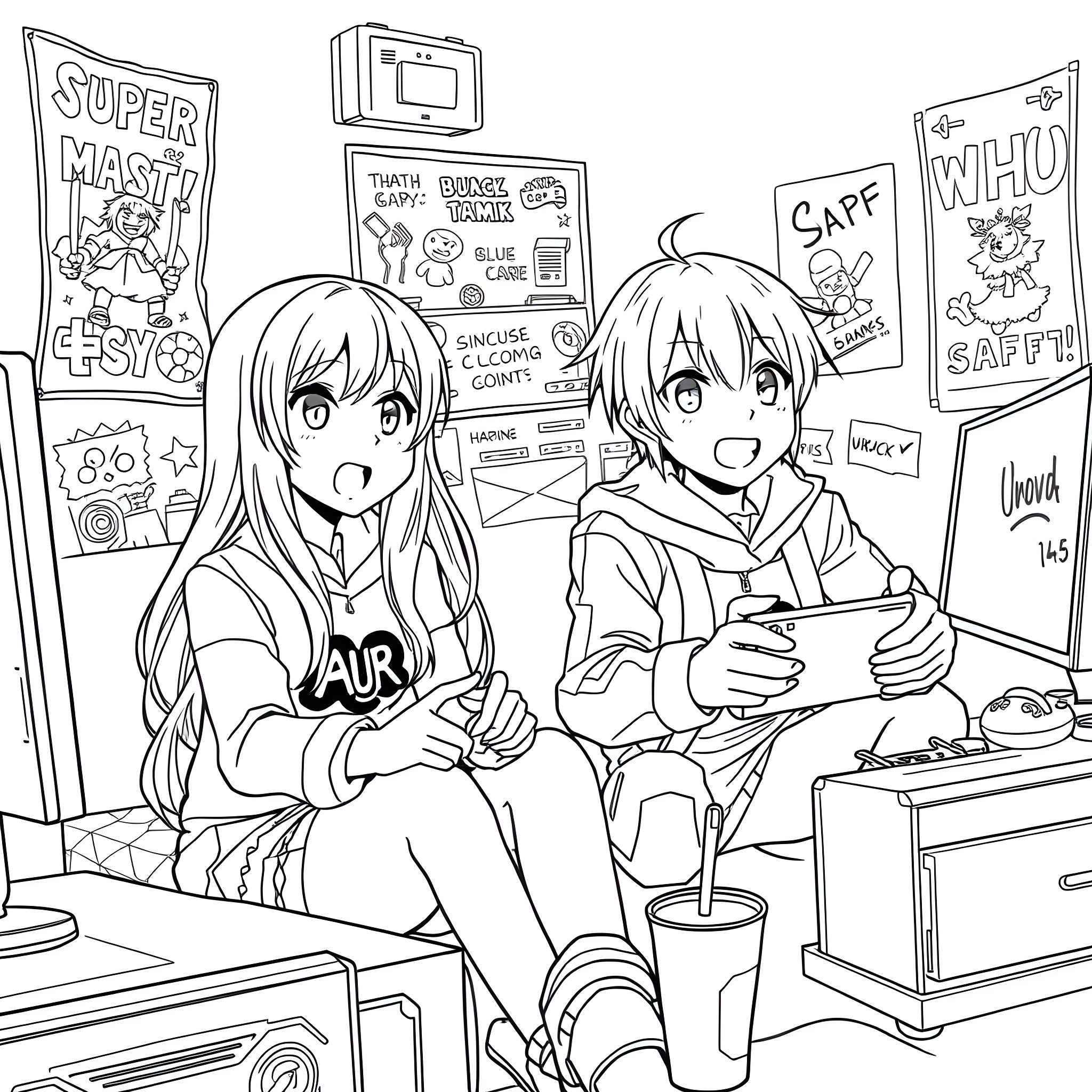 Asuna and friend enjoying gaming in the bedroom Coloring Page (free black-and-white line drawing printable PDF for all, from beginners to advanced learners, including children, teens, adults, and seniors)