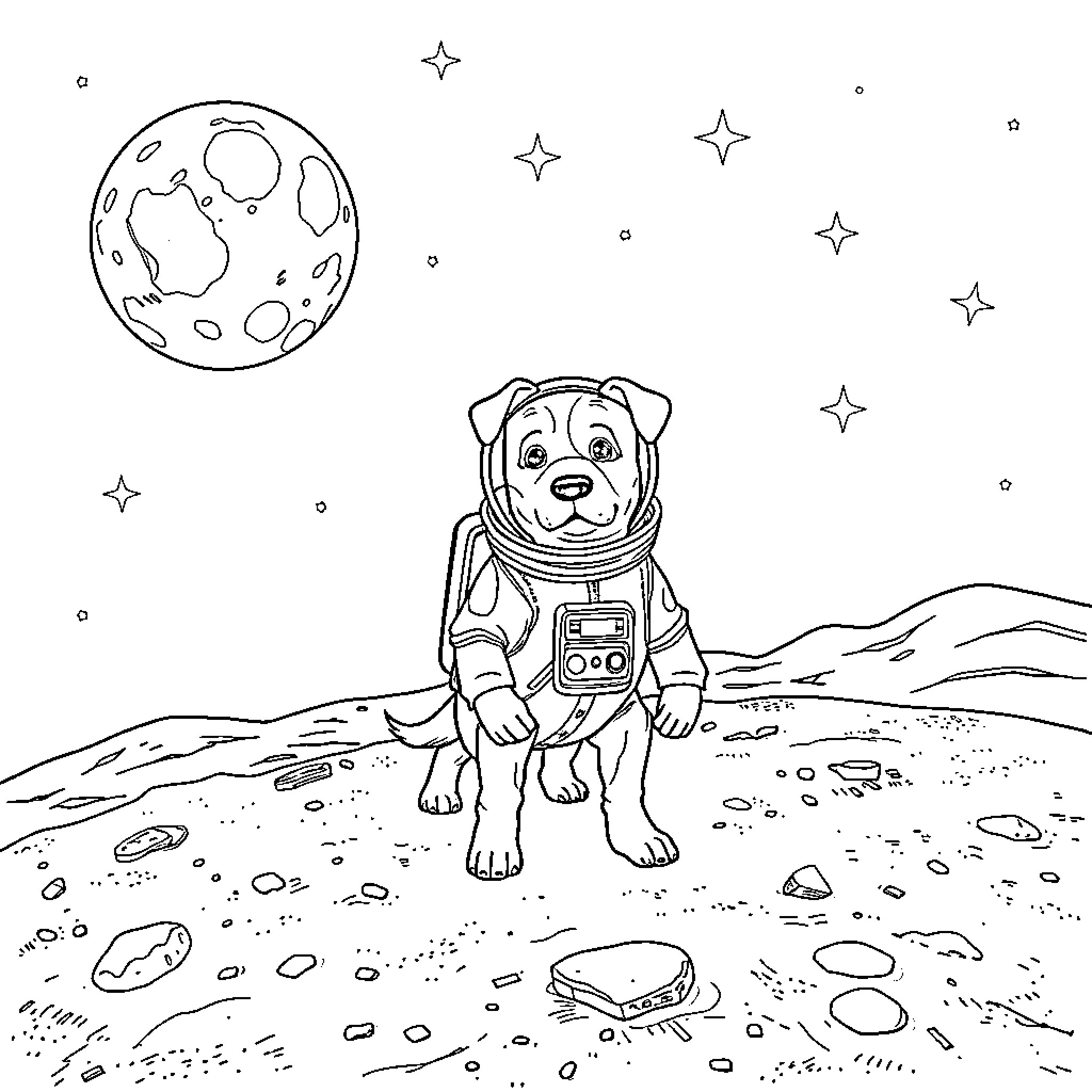 Dog astronaut exploring the moon Coloring Page (free black-and-white line drawing printable PDF for all, from beginners to advanced learners, including children, teens, adults, and seniors)