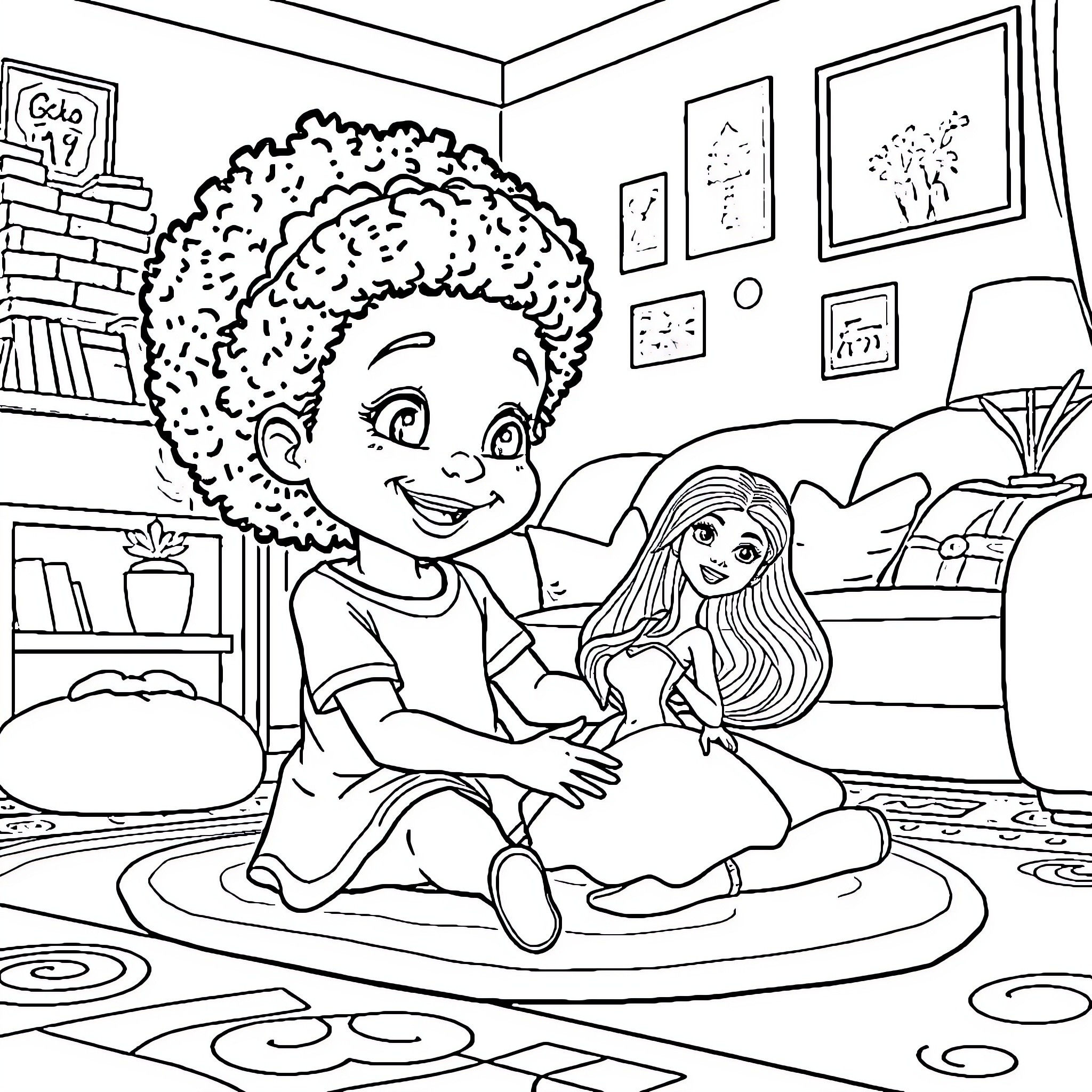 Girl playing with doll in bedroom Coloring Page (free black-and-white line drawing printable PDF for all, from beginners to advanced learners, including children, teens, adults, and seniors)