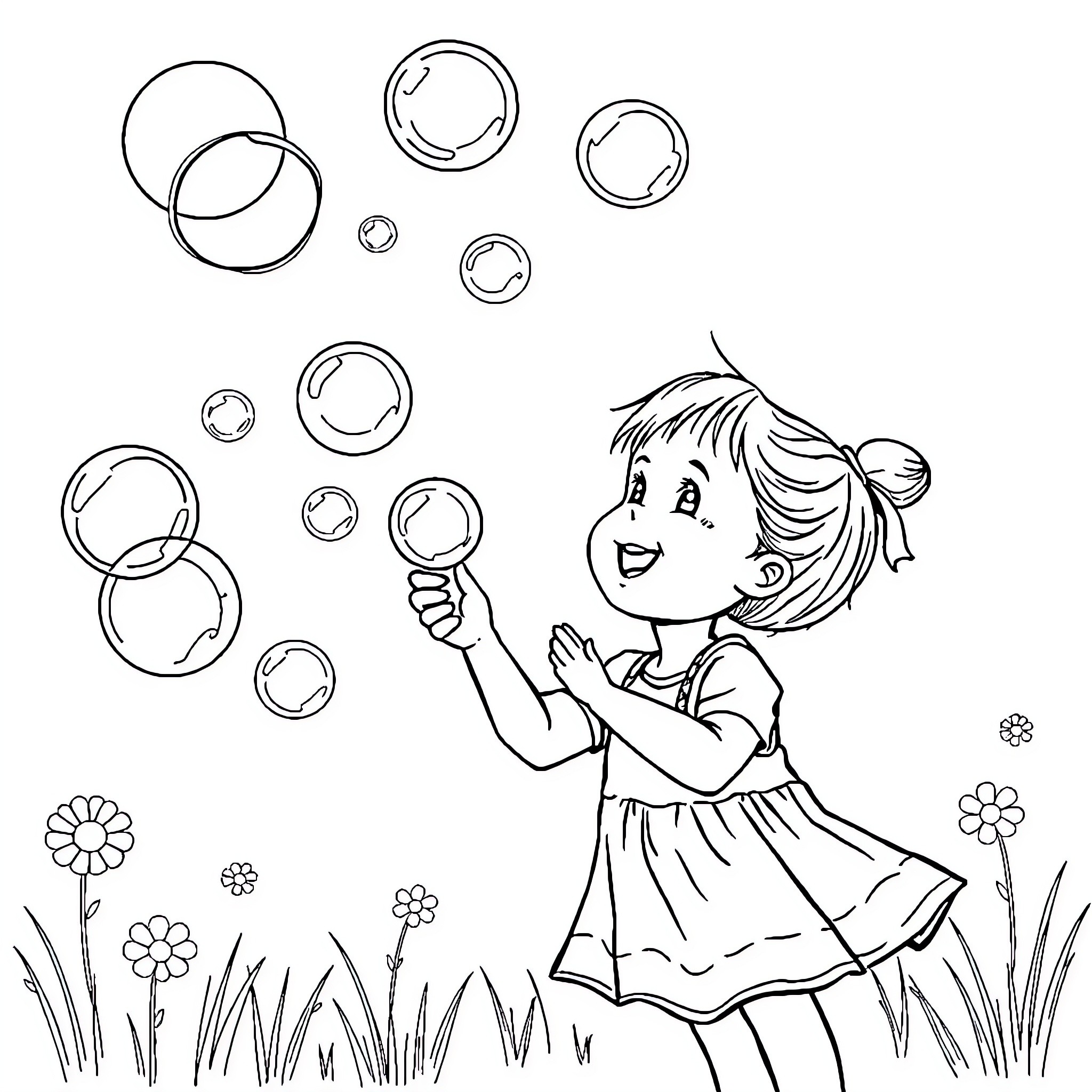 Girl playing joyfully with bubbles in the garden Coloring Page (free black-and-white line drawing printable PDF for all, from beginners to advanced learners, including children, teens, adults, and seniors)