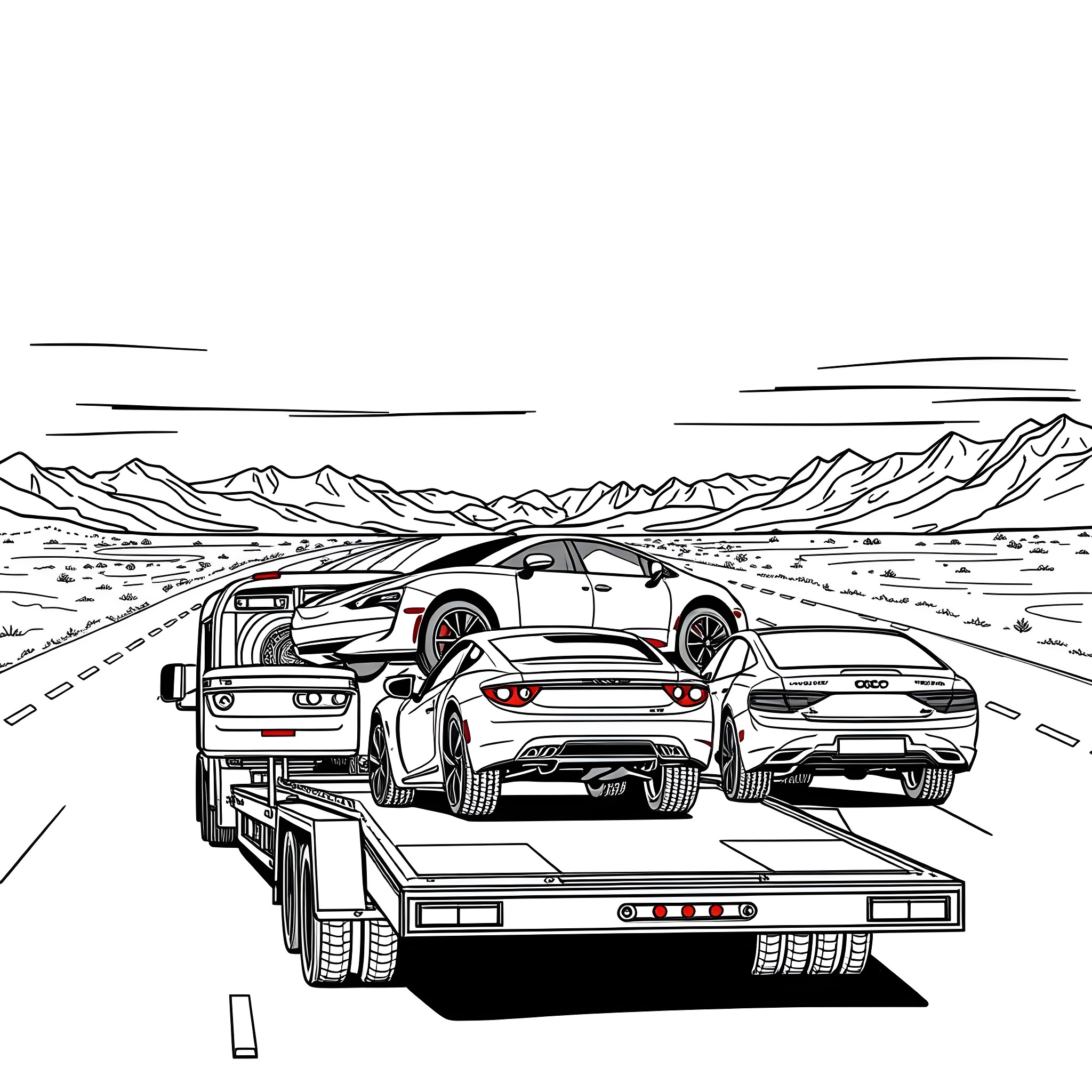 Car Hauler Transporting Sports Cars on the Open Road Coloring Page (free black-and-white line drawing printable PDF for all, from beginners to advanced learners, including children, teens, adults, and seniors)