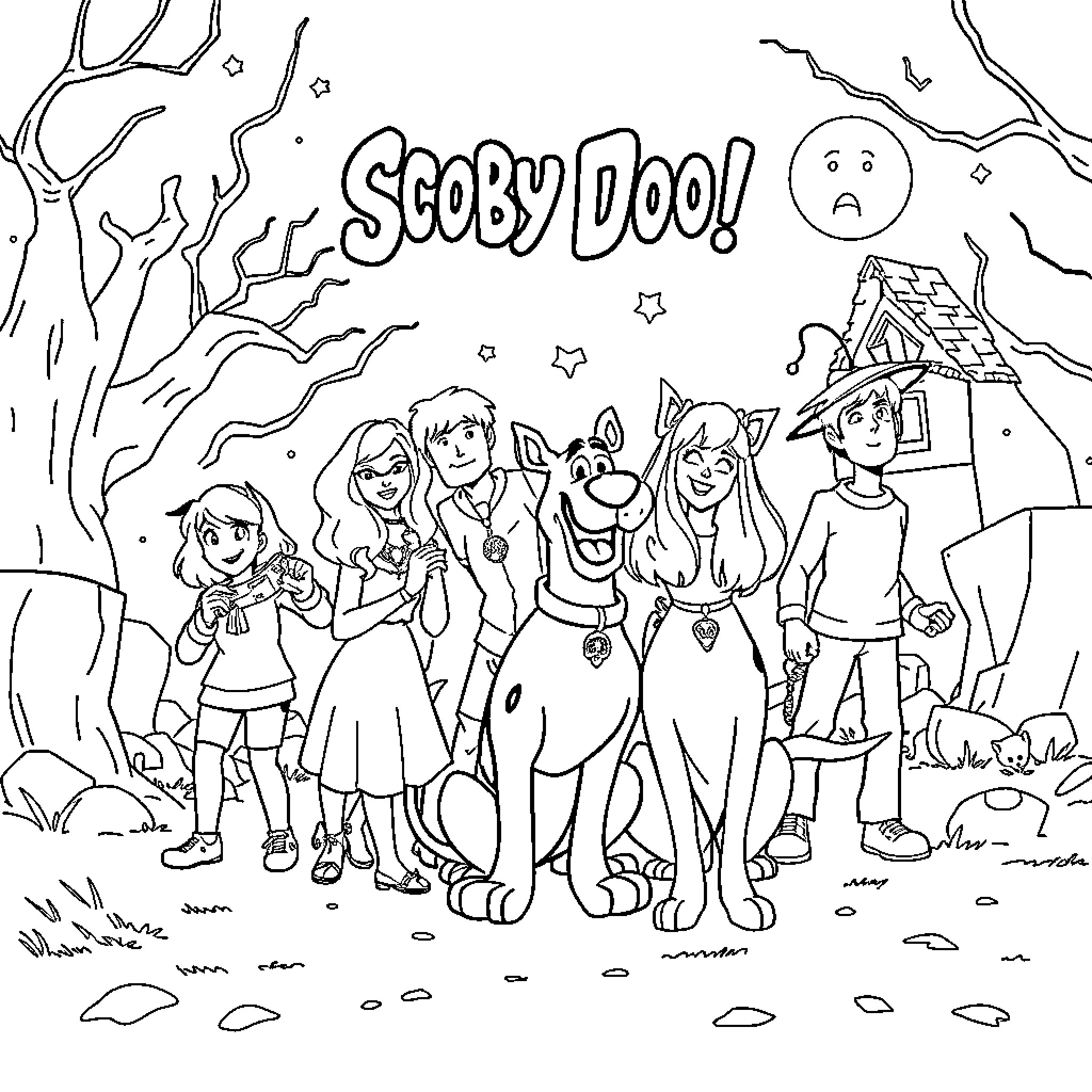 Scooby Doo and friends exploring the spooky forest Coloring Page (free black-and-white line drawing printable PDF for all, from beginners to advanced learners, including children, teens, adults, and seniors)