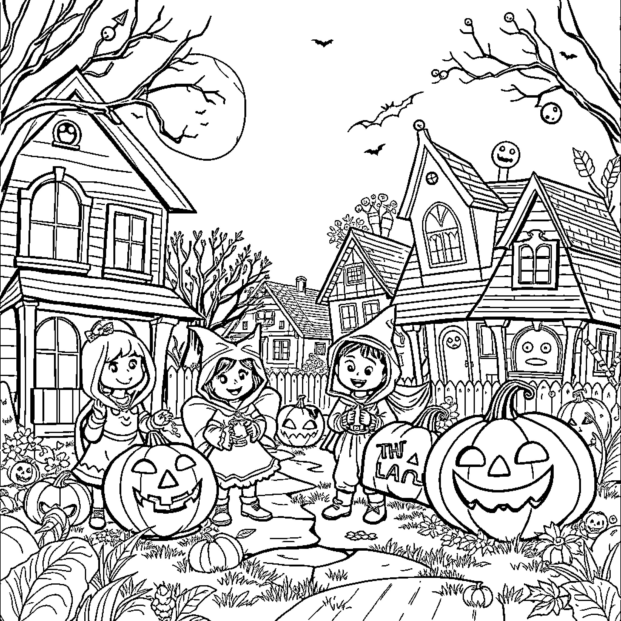Halloween costumes and decorations in a neighborhood Coloring Page (free black-and-white line drawing printable PDF for all, from beginners to advanced learners, including children, teens, adults, and seniors)