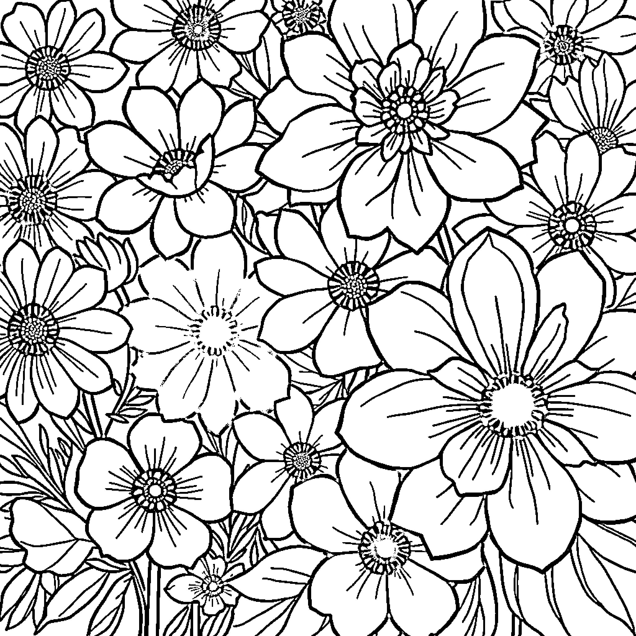 Flower Field in Black and White Coloring Page (free black-and-white line drawing printable PDF for all, from beginners to advanced learners, including children, teens, adults, and seniors)
