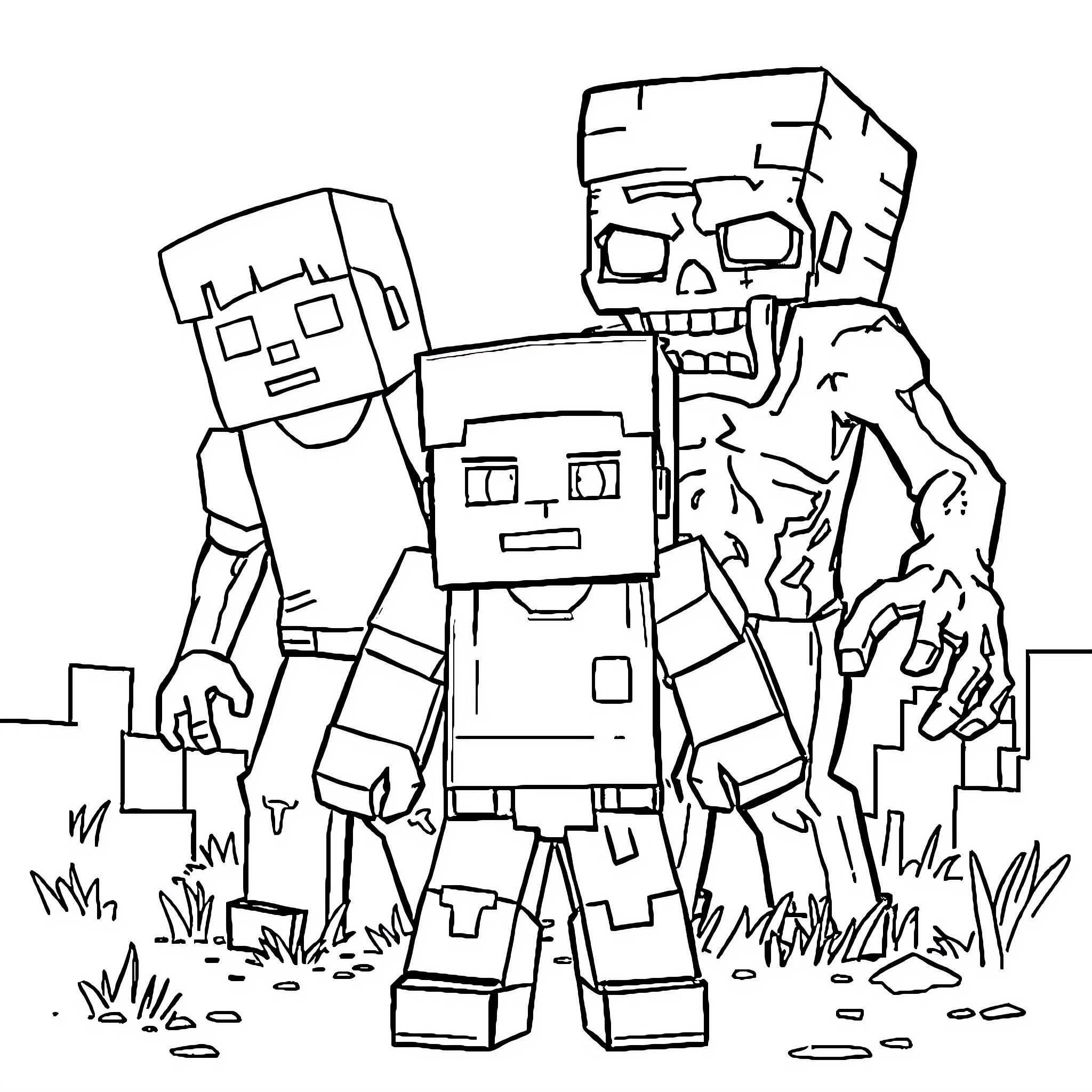 Steve's Minecraft Adventure with Blocky Friends Coloring Page (free black-and-white line drawing printable PDF for all, from beginners to advanced learners, including children, teens, adults, and seniors)