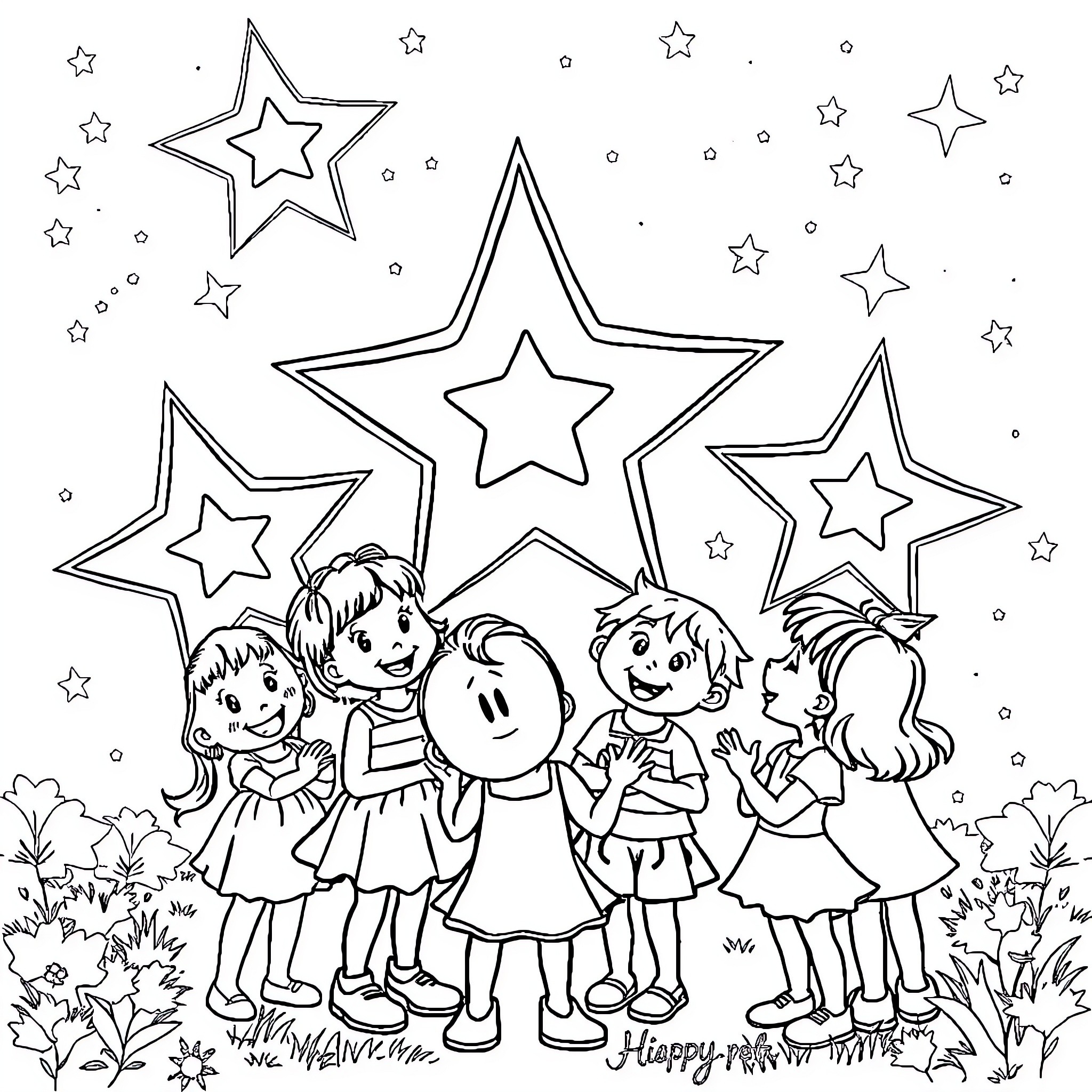 Disney Star kids playing and celebrating with stars Coloring Page (free black-and-white line drawing printable PDF for all, from beginners to advanced learners, including children, teens, adults, and seniors)