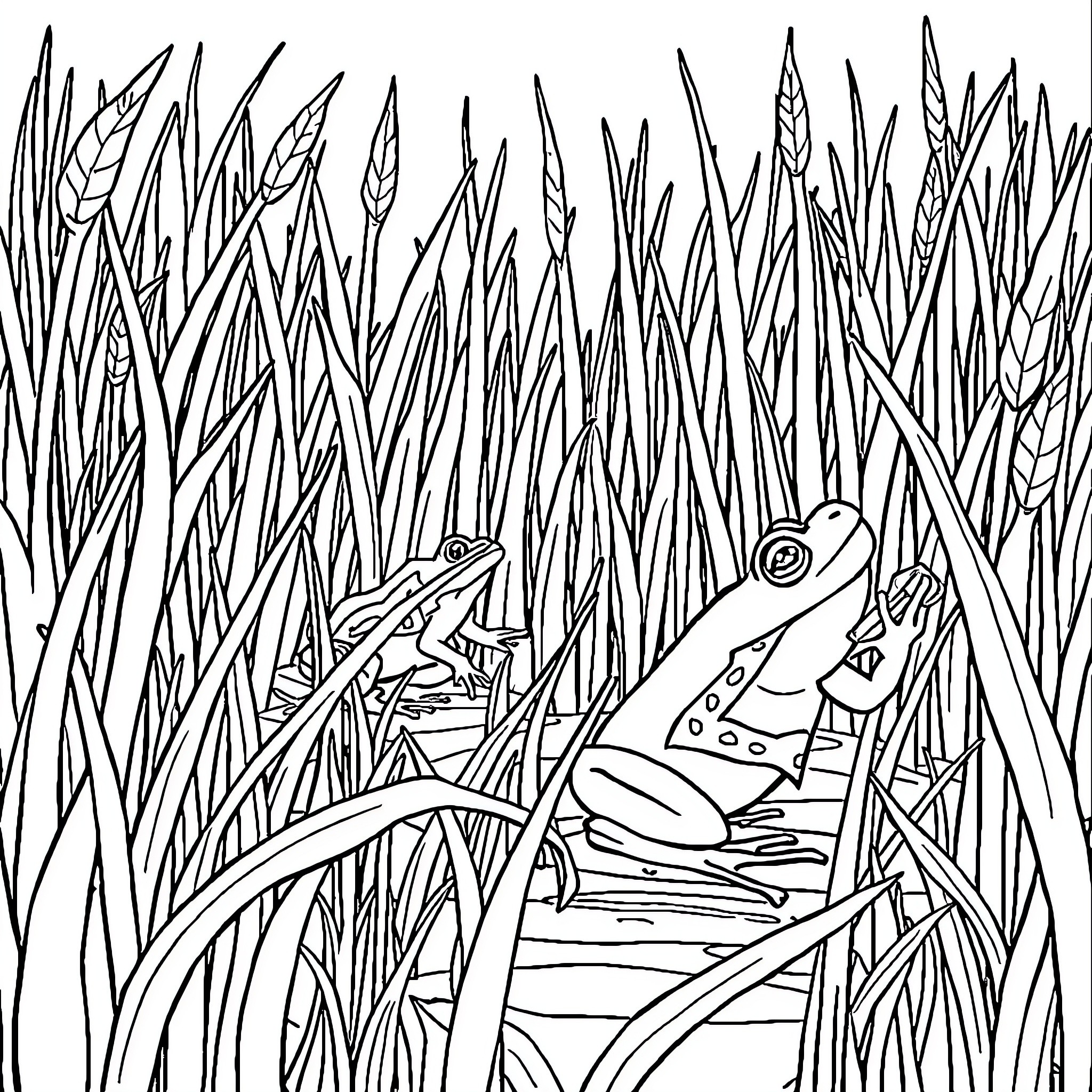 Frogs hiding in tall grass Coloring Page (free black-and-white line drawing printable PDF for all, from beginners to advanced learners, including children, teens, adults, and seniors)