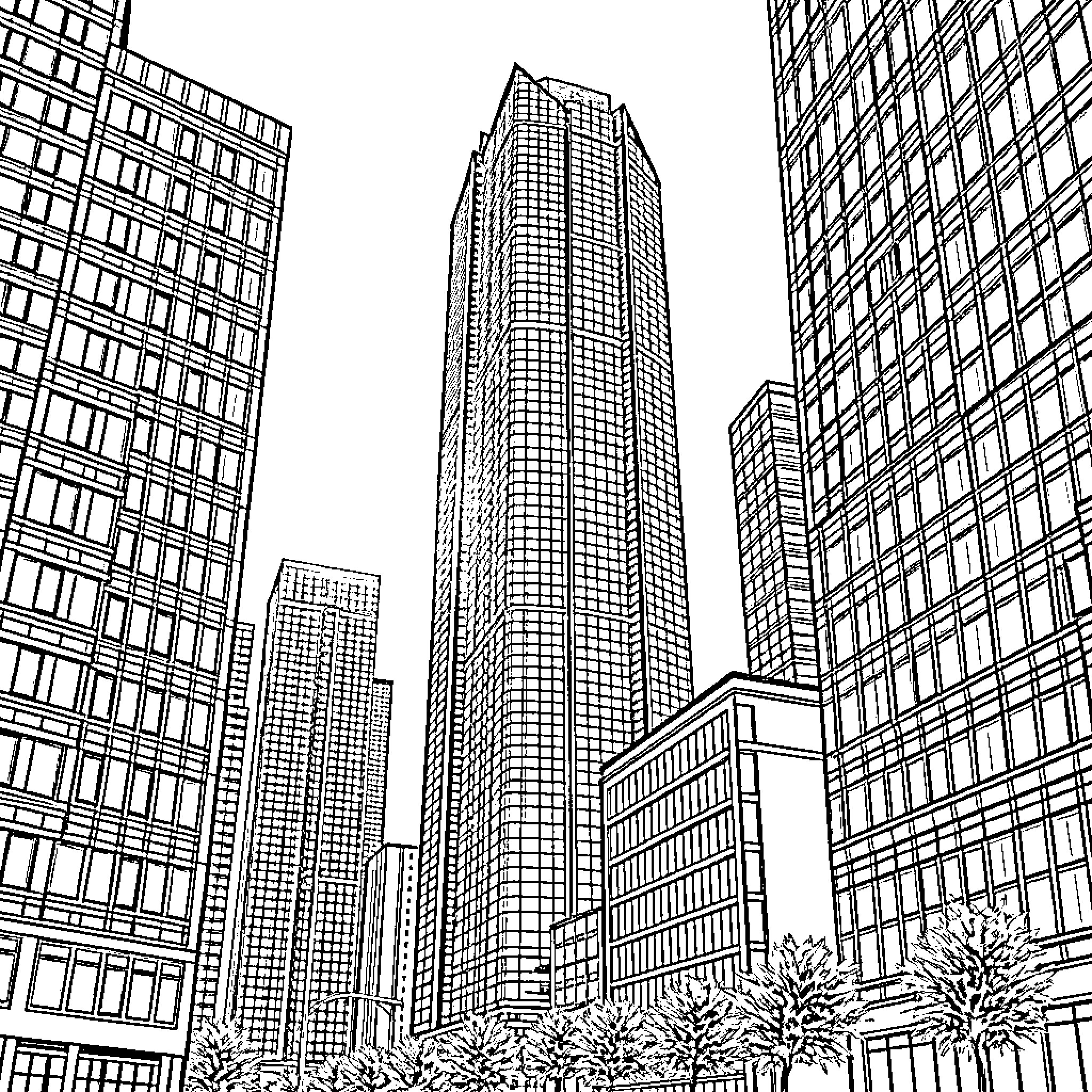 Building in Urban Cityscape with Tall Skyscrapers Coloring Page (free black-and-white line drawing printable PDF for all, from beginners to advanced learners, including children, teens, adults, and seniors)