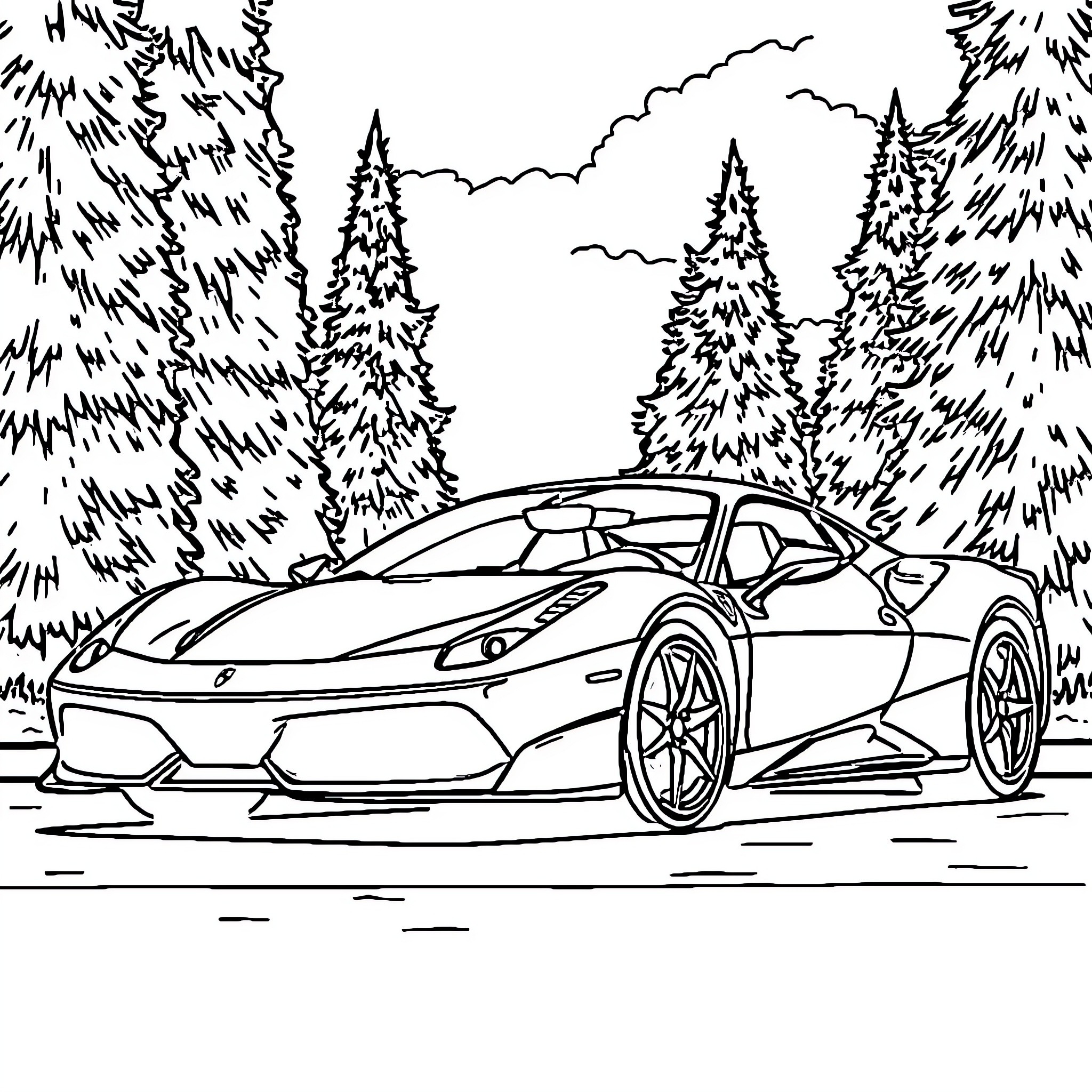 Ferrari sports car on a snowy mountain road Coloring Page (free black-and-white line drawing printable PDF for all, from beginners to advanced learners, including children, teens, adults, and seniors)