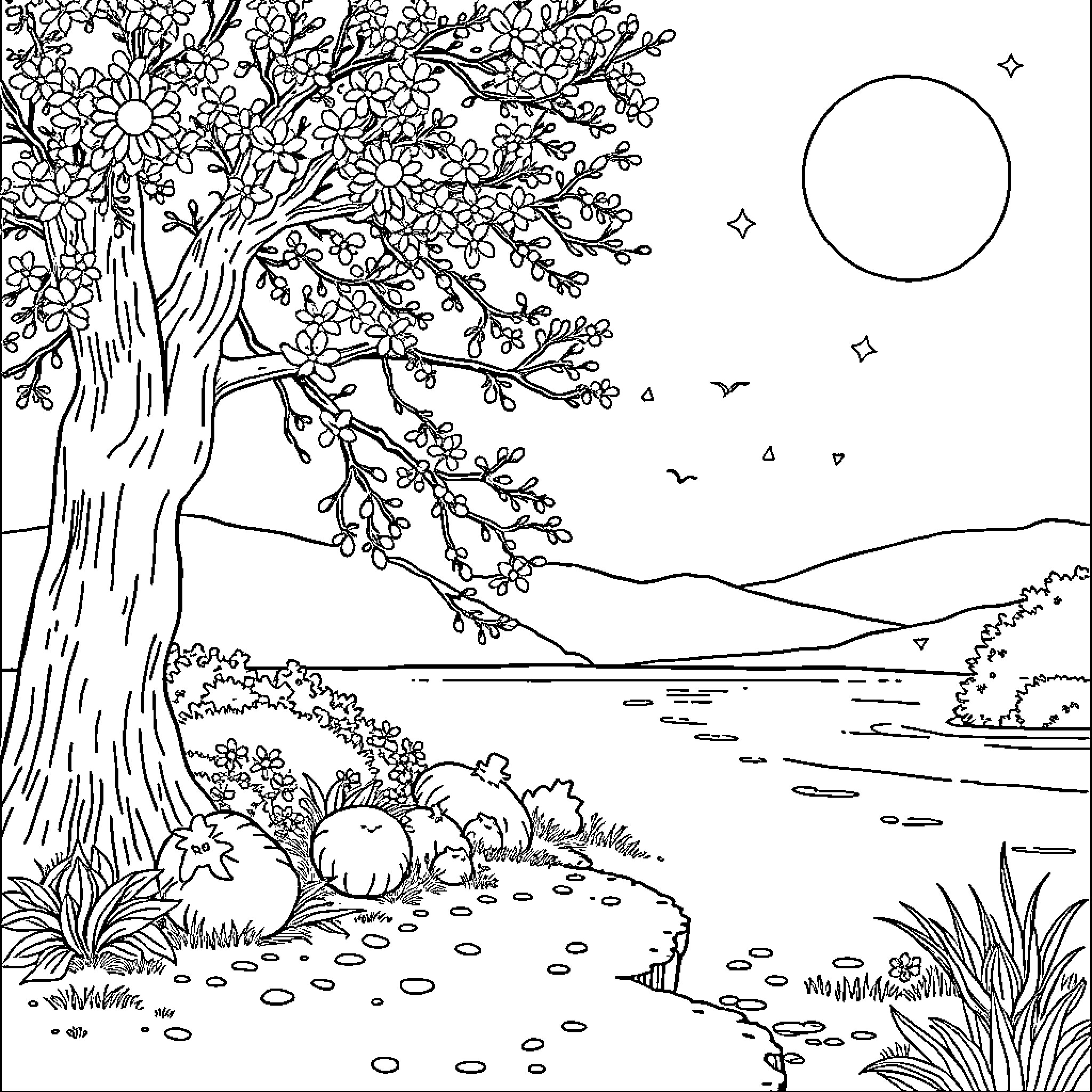 Stress Relief: Tranquil Nature Scene with Blooming Tree Coloring Page (free black-and-white line drawing printable PDF for all, from beginners to advanced learners, including children, teens, adults, and seniors)