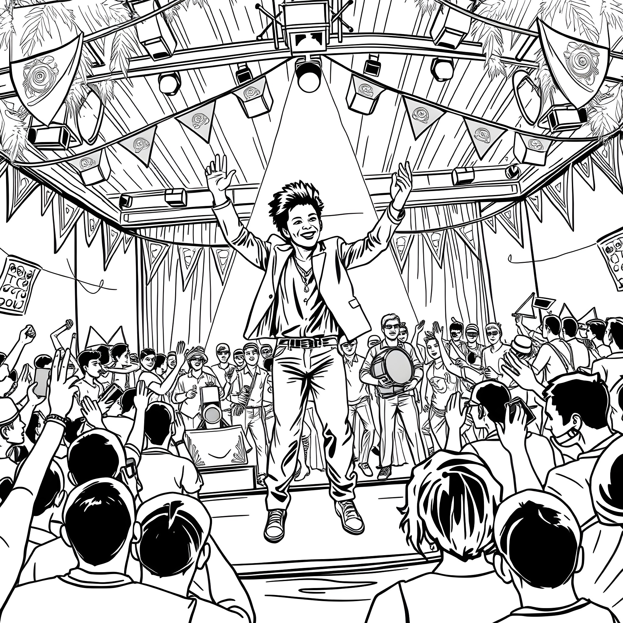 Bruno Mars Performing Energetically on Stage Coloring Page (free black-and-white line drawing printable PDF for all, from beginners to advanced learners, including children, teens, adults, and seniors)