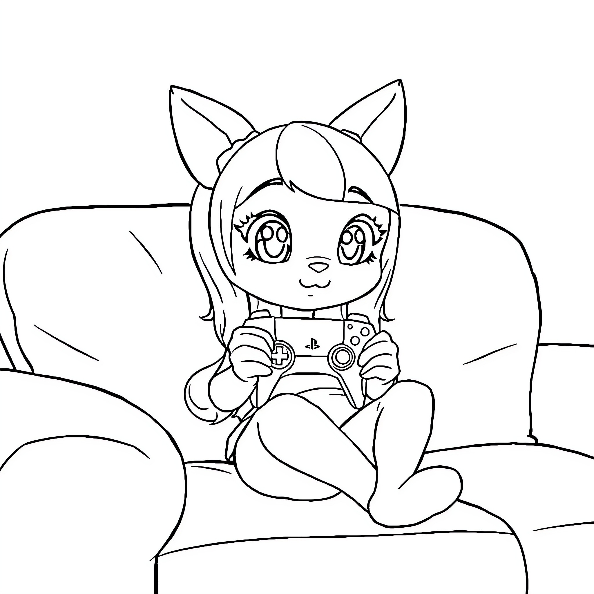 Lilo playing video games on the couch Coloring Page (free black-and-white line drawing printable PDF for all, from beginners to advanced learners, including children, teens, adults, and seniors)