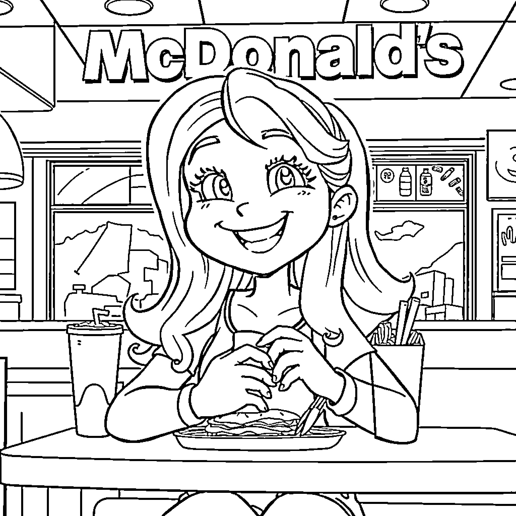 Barbie Enjoying a Meal at McDonald's Coloring Page (free black-and-white line drawing printable PDF for all, from beginners to advanced learners, including children, teens, adults, and seniors)