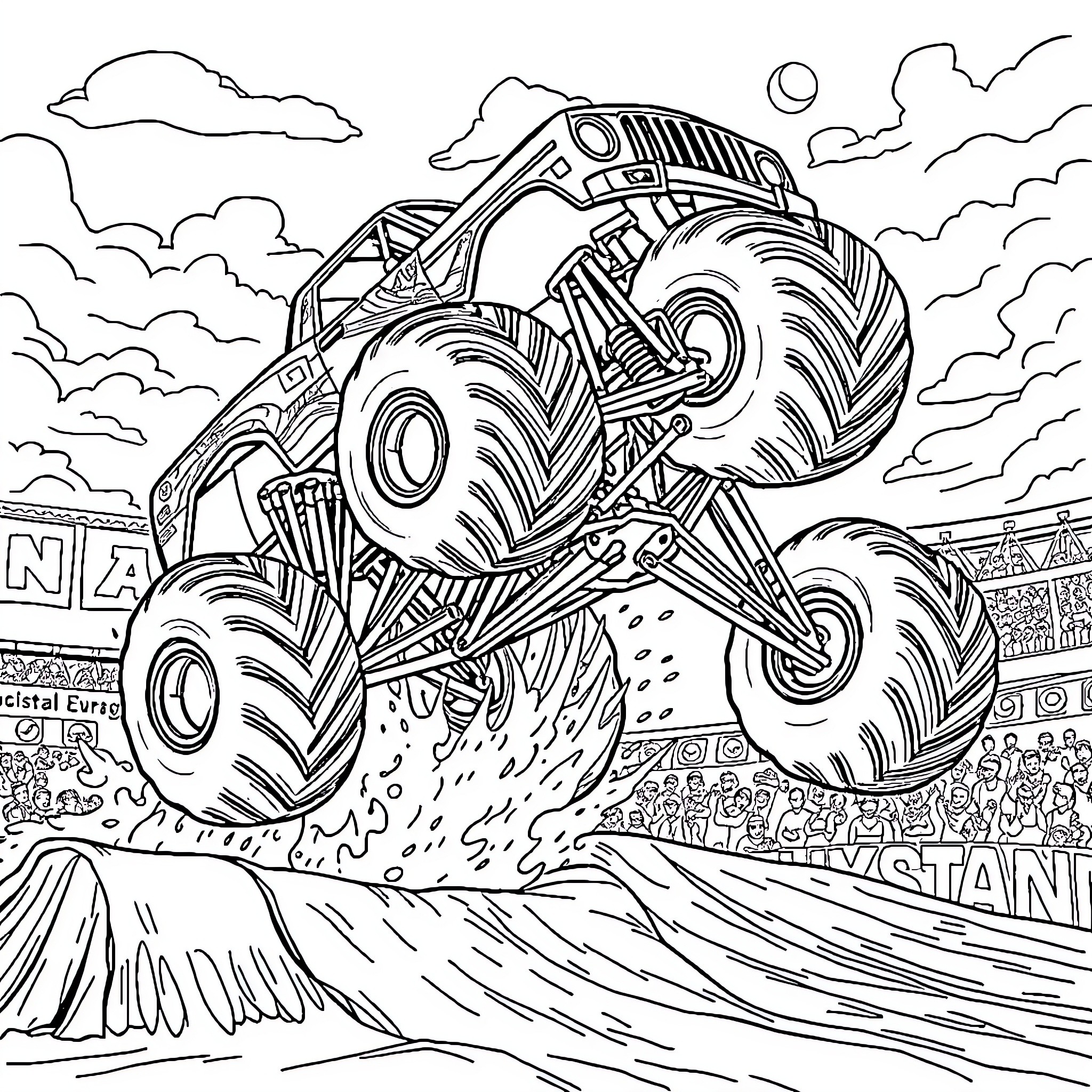 Monster Truck Performing Dangerous Stunts in Stadium Coloring Page (free black-and-white line drawing printable PDF for all, from beginners to advanced learners, including children, teens, adults, and seniors)