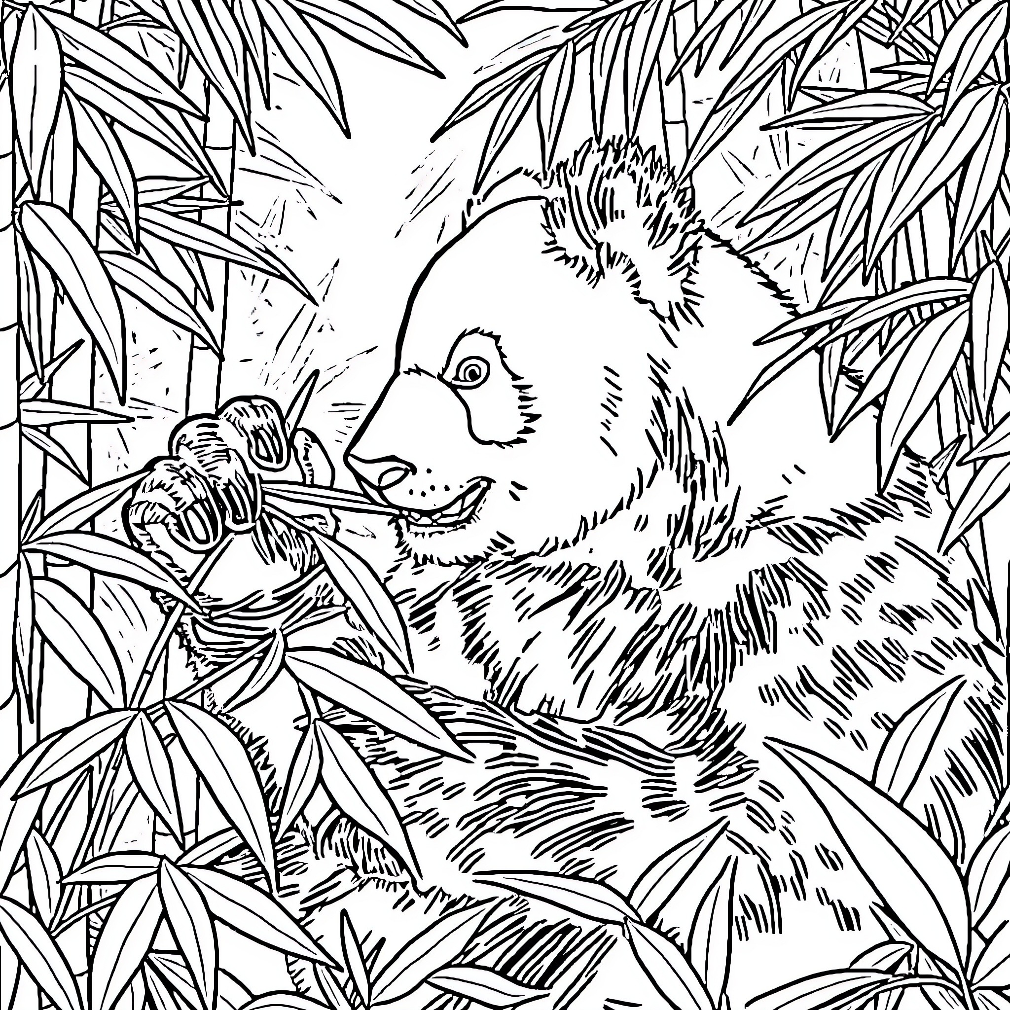 Panda munching on bamboo leaves in the jungle Coloring Page (free black-and-white line drawing printable PDF for all, from beginners to advanced learners, including children, teens, adults, and seniors)