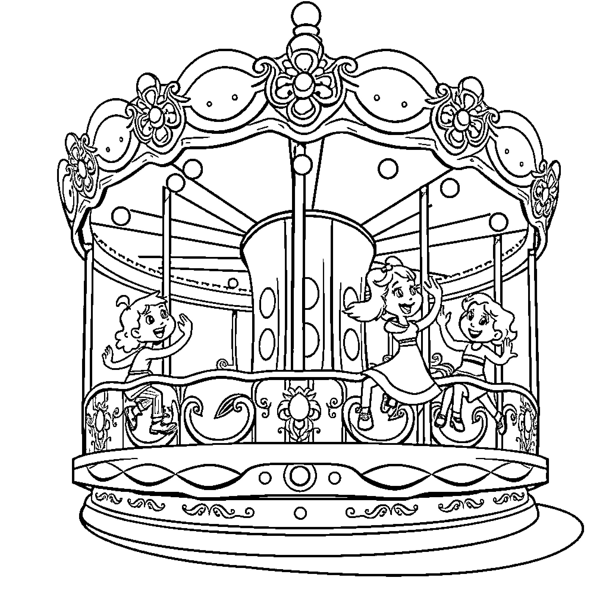 Merry Go Round with Whimsical Characters Coloring Page (free black-and-white line drawing printable PDF for all, from beginners to advanced learners, including children, teens, adults, and seniors)
