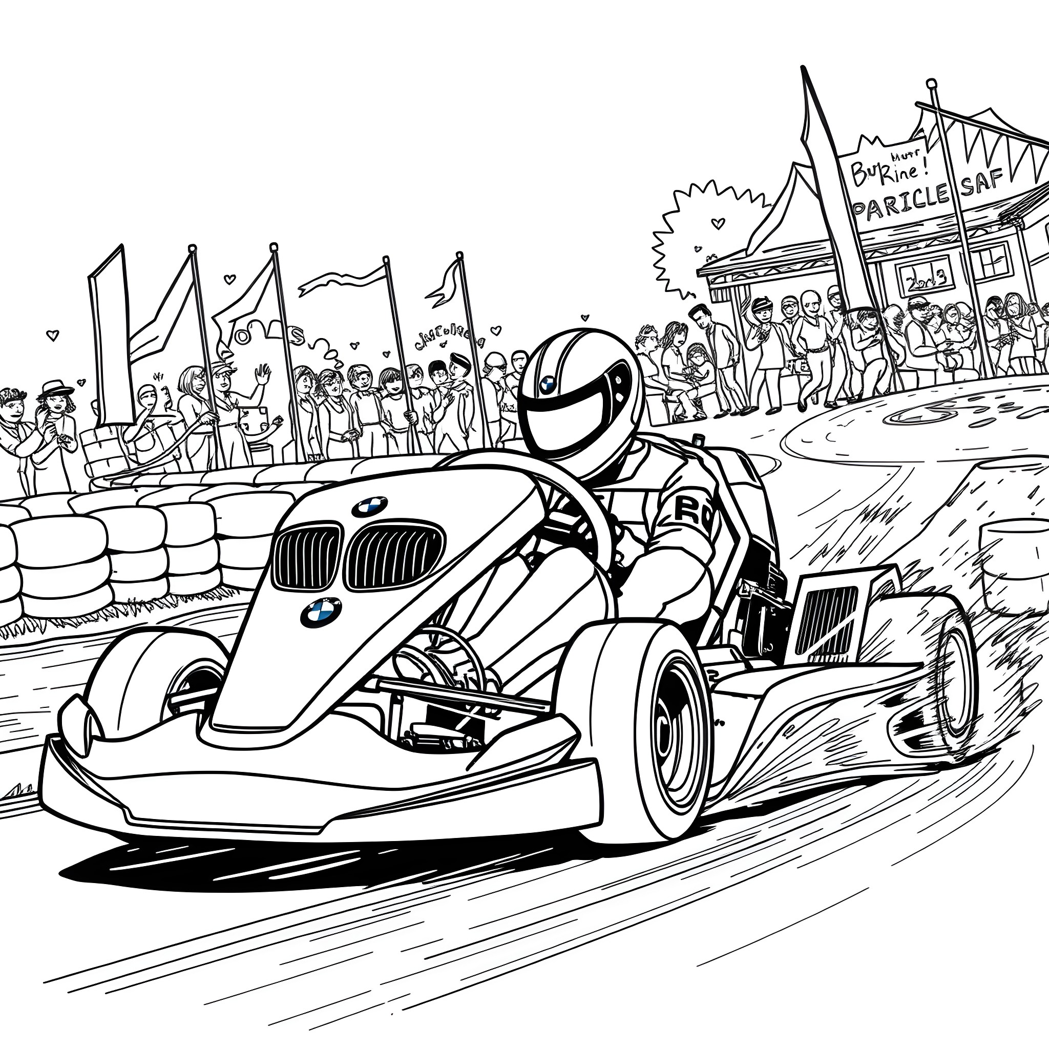BMW Go-Kart Racing in Animated Carnival Scene Coloring Page (free black-and-white line drawing printable PDF for all, from beginners to advanced learners, including children, teens, adults, and seniors)