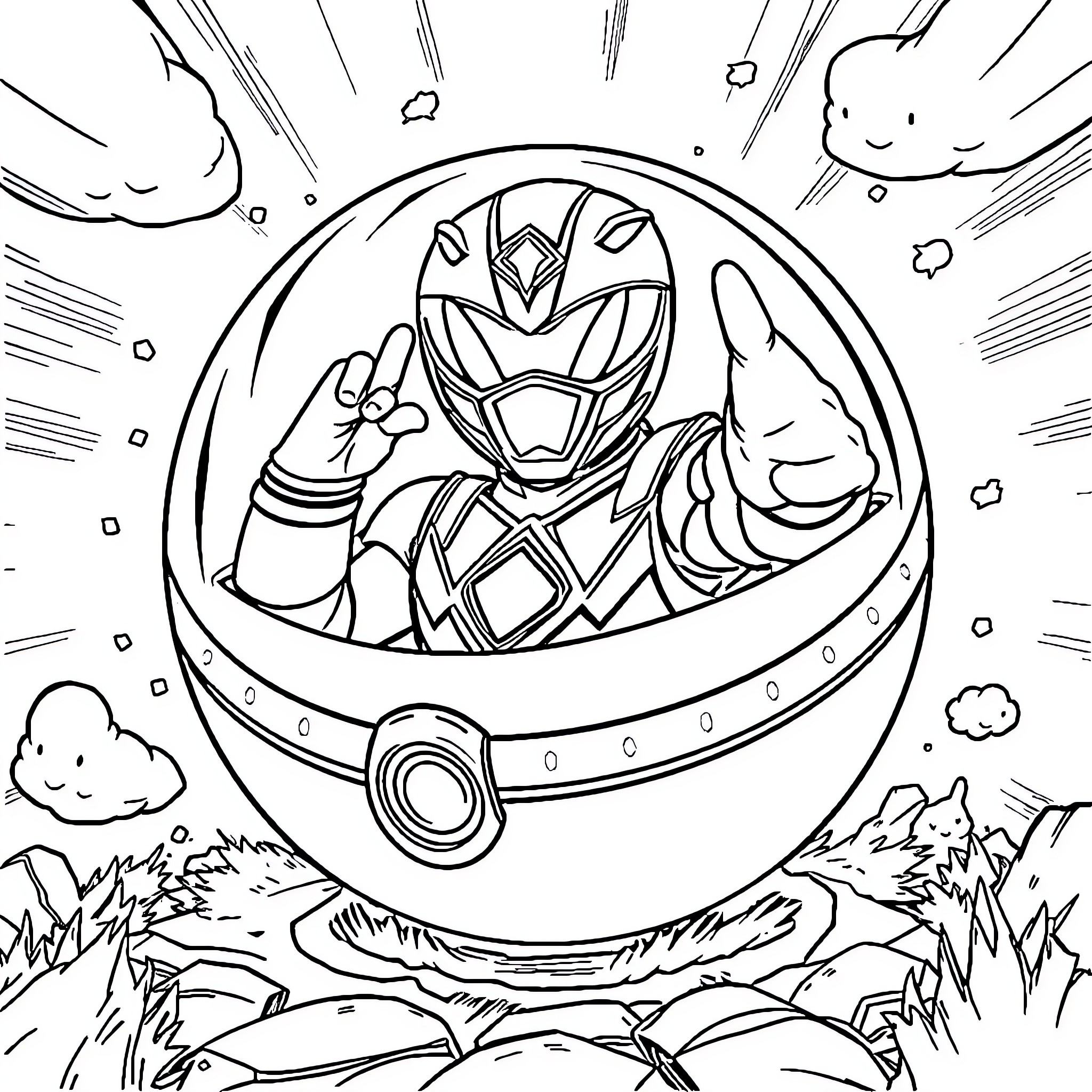 Power Ranger Poses in Energized Sphere Coloring Page (free black-and-white line drawing printable PDF for all, from beginners to advanced learners, including children, teens, adults, and seniors)