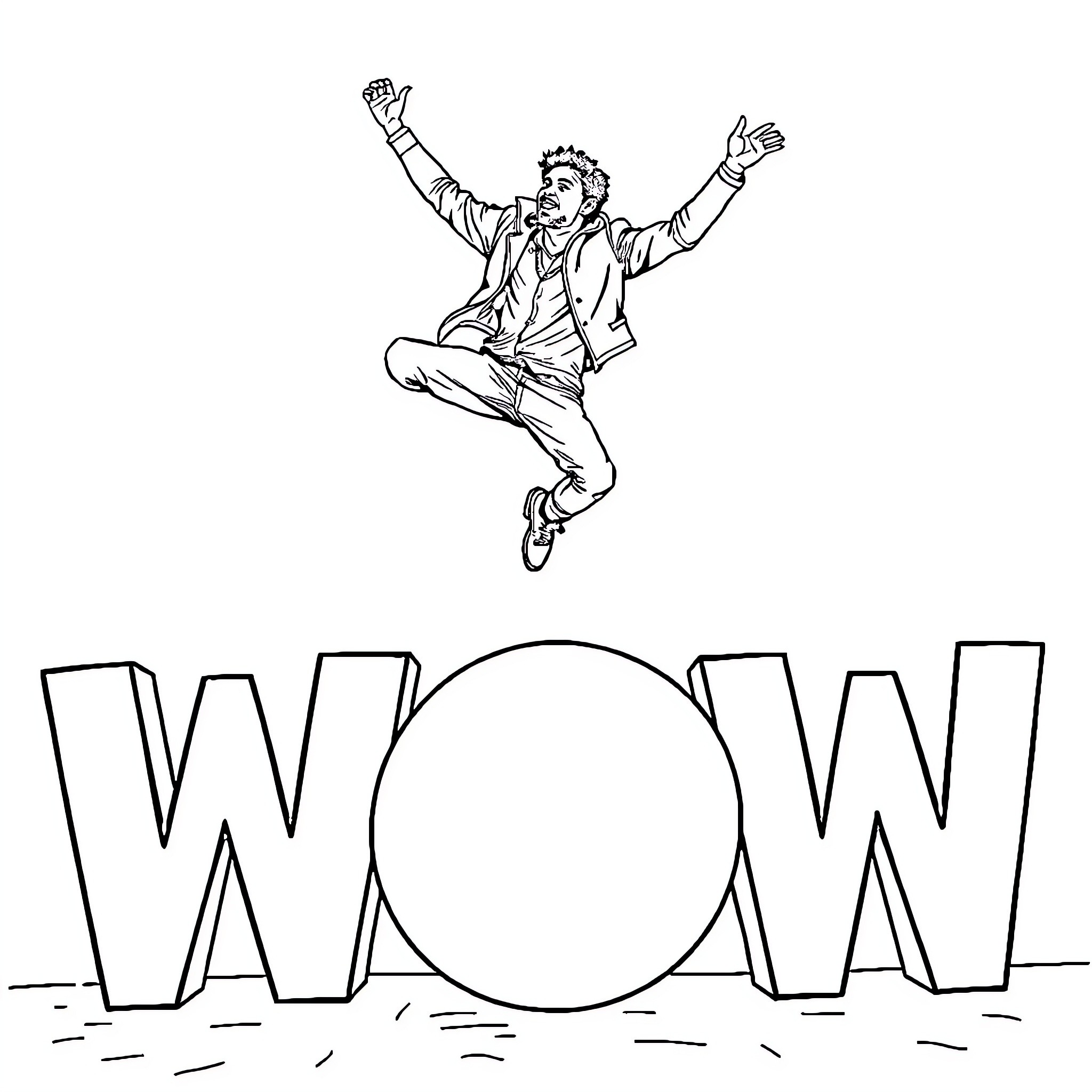 Jahn Teigen joyfully jumping in the air Coloring Page (free black-and-white line drawing printable PDF for all, from beginners to advanced learners, including children, teens, adults, and seniors)