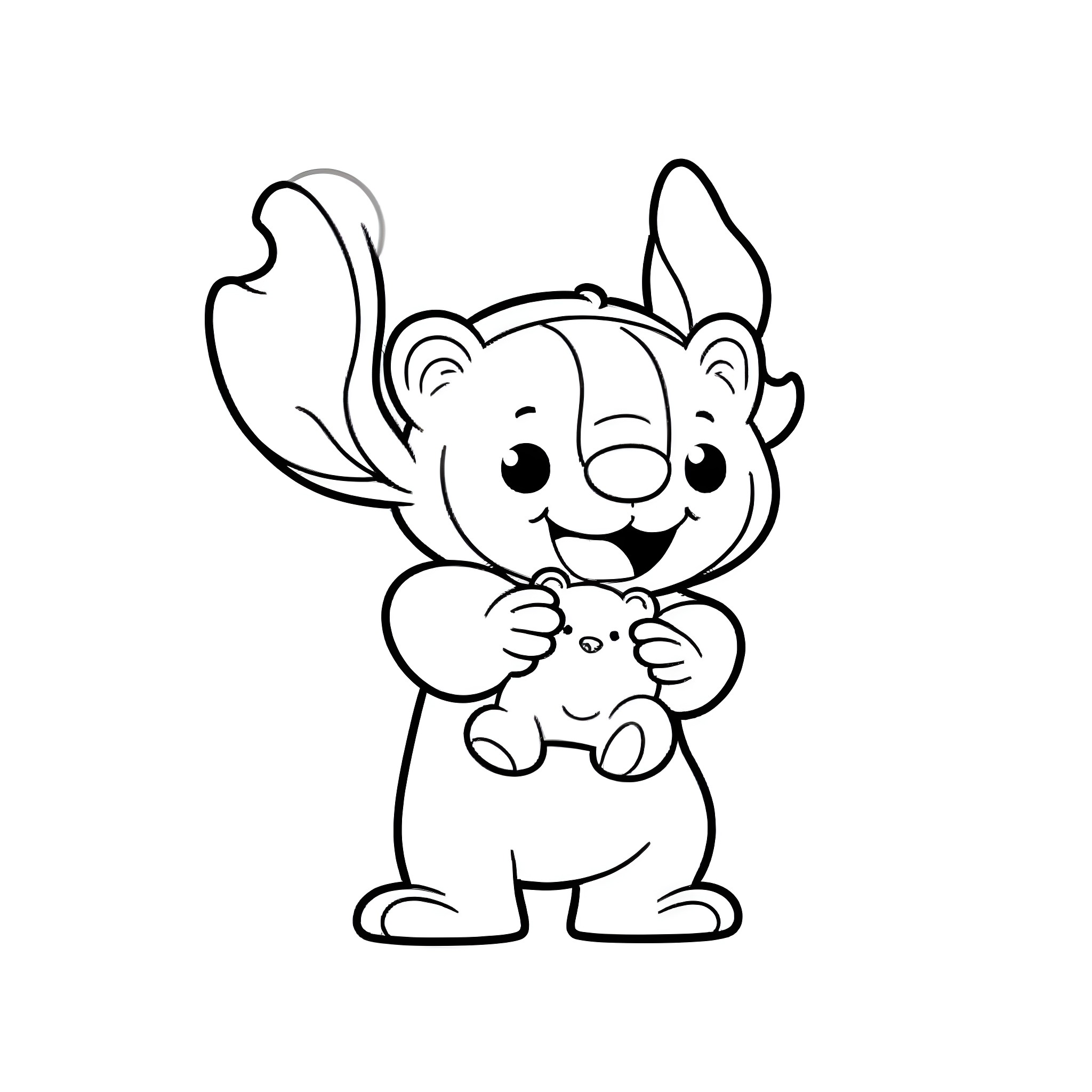 Stitch happily playing with a toy Coloring Page (free black-and-white line drawing printable PDF for all, from beginners to advanced learners, including children, teens, adults, and seniors)