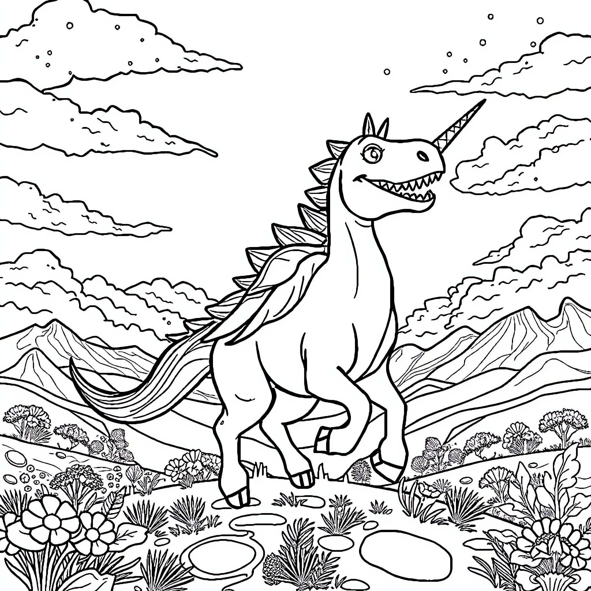 Dinosaur roaming the rocky landscape Coloring Page (free black-and-white line drawing printable PDF for all, from beginners to advanced learners, including children, teens, adults, and seniors)