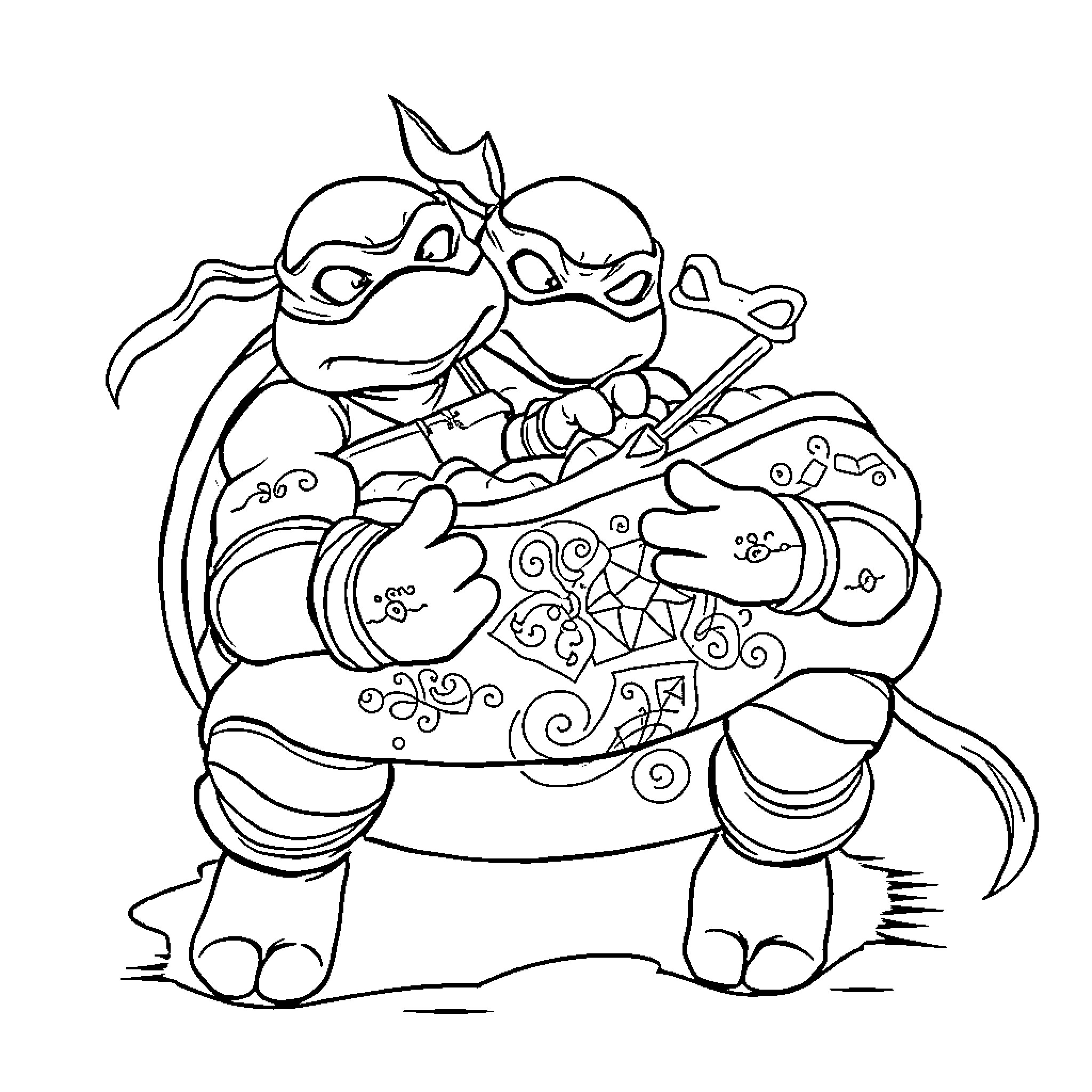 Teenage Mutant Ninja Turtles in Colorful Artistic Poses Coloring Page (free black-and-white line drawing printable PDF for all, from beginners to advanced learners, including children, teens, adults, and seniors)