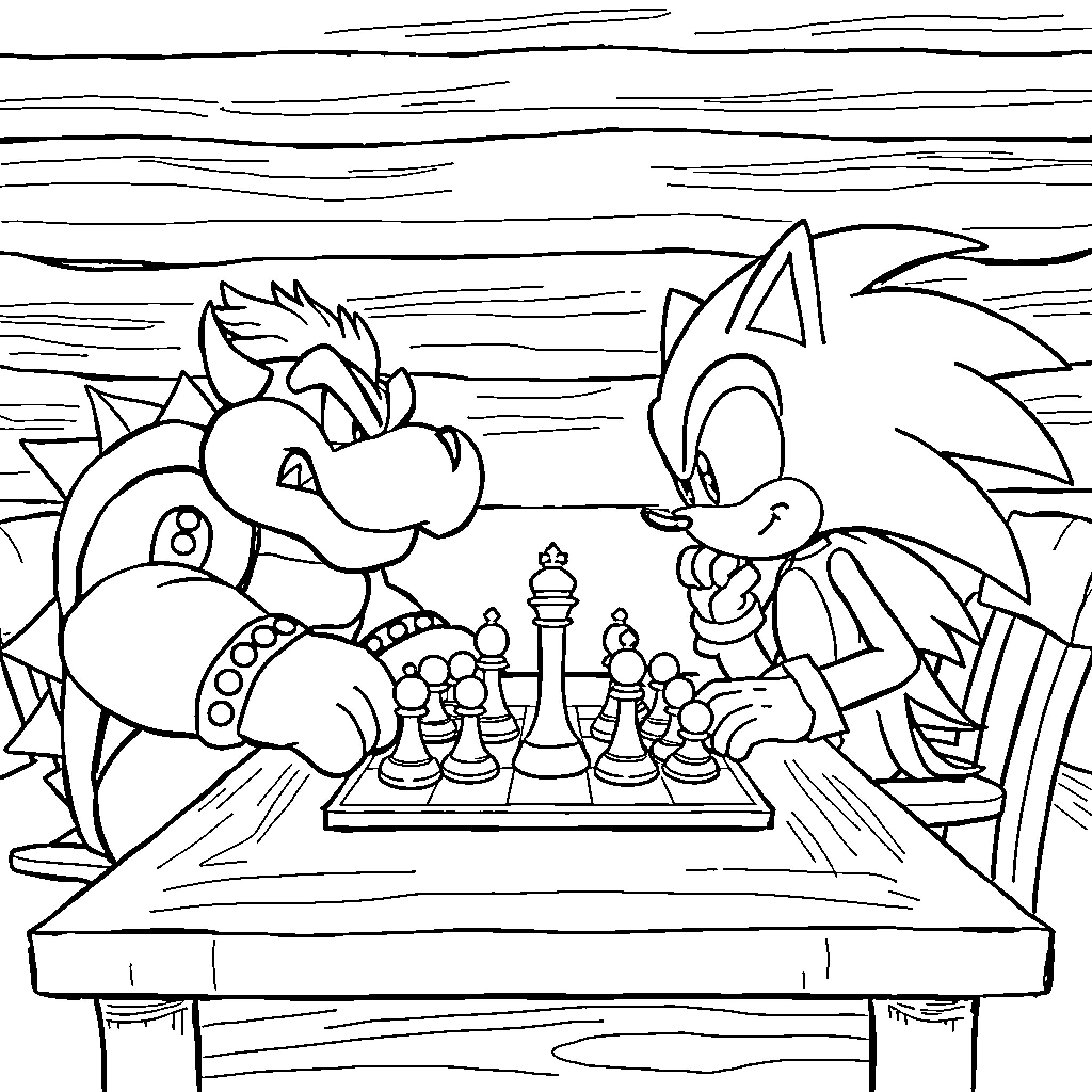 Bowser and Sonic playing chess in the park Coloring Page (free black-and-white line drawing printable PDF for all, from beginners to advanced learners, including children, teens, adults, and seniors)