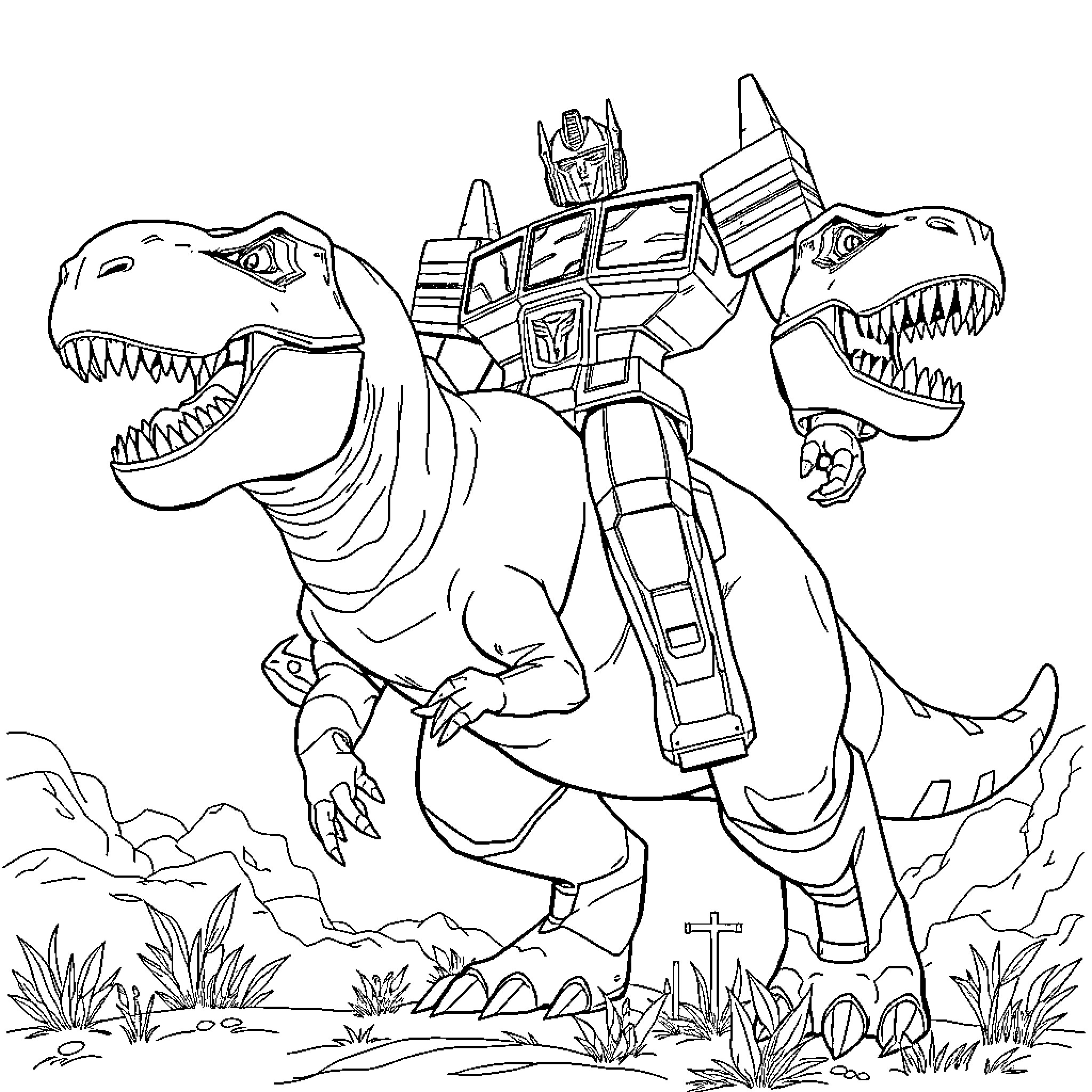 Optimus Prime rides mighty prehistoric beasts Coloring Page (free black-and-white line drawing printable PDF for all, from beginners to advanced learners, including children, teens, adults, and seniors)
