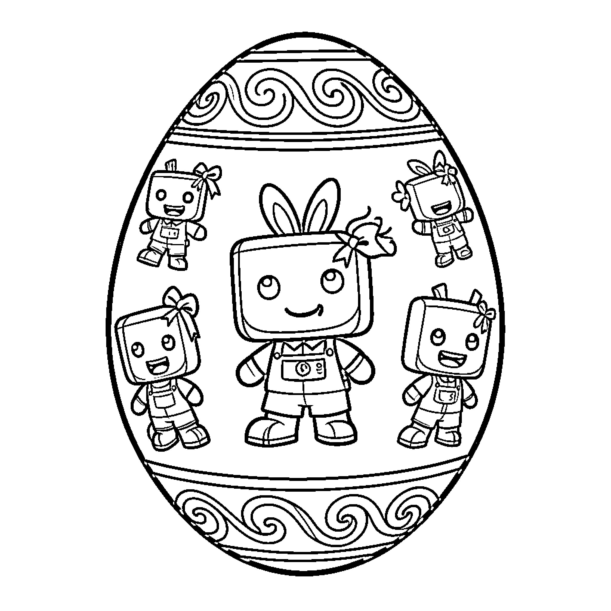Huevo with happy robots and bunny Coloring Page (free black-and-white line drawing printable PDF for all, from beginners to advanced learners, including children, teens, adults, and seniors)