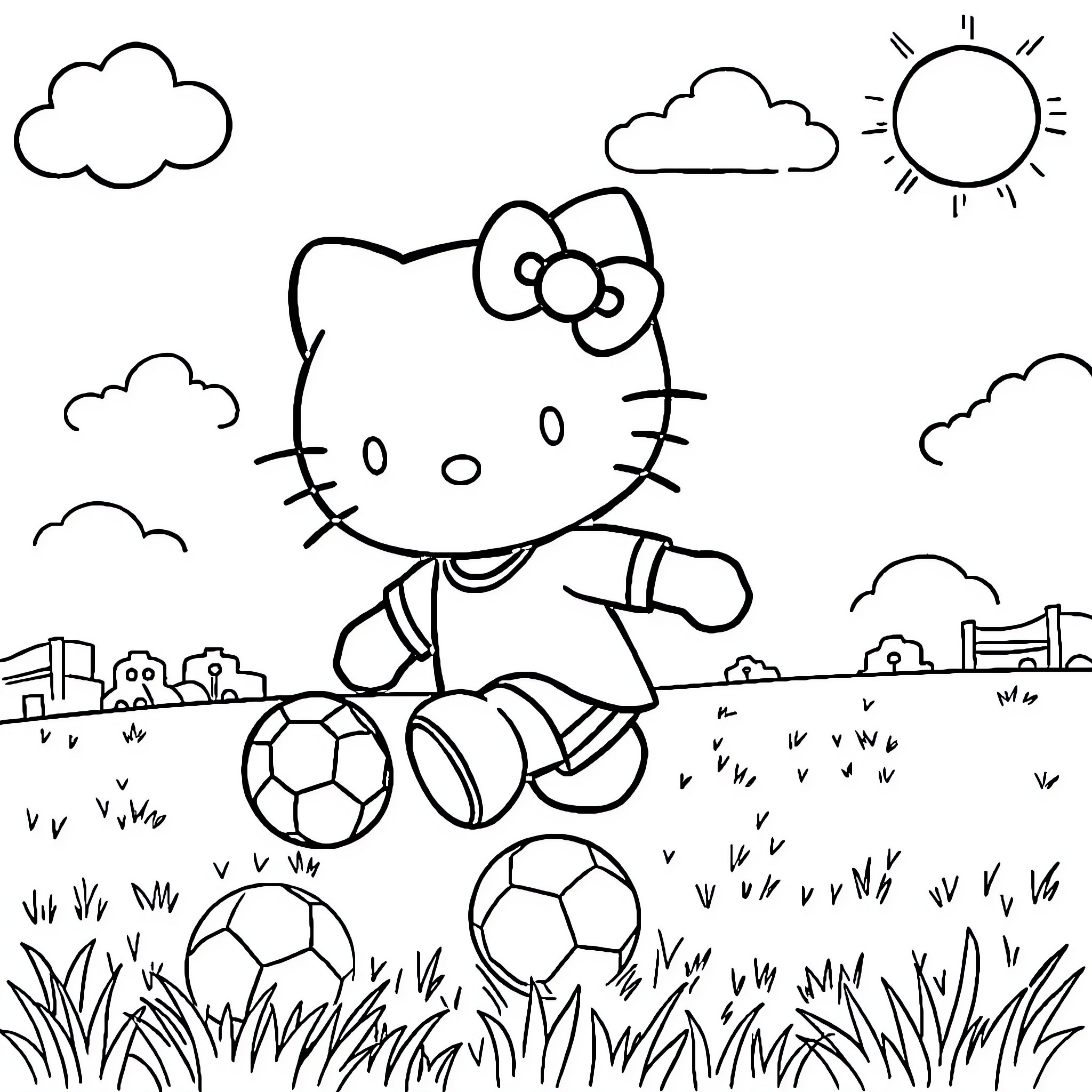 Hello Kitty playing soccer on a sunny day Coloring Page (free black-and-white line drawing printable PDF for all, from beginners to advanced learners, including children, teens, adults, and seniors)