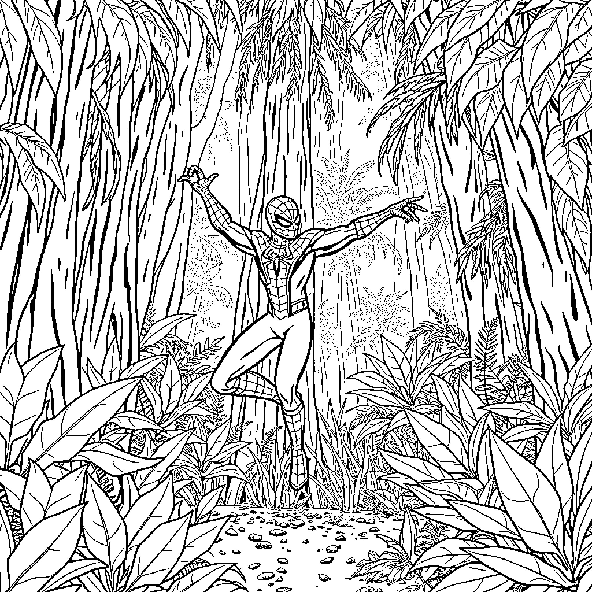 Spiderman swinging through the lush jungle foliage Coloring Page (free black-and-white line drawing printable PDF for all, from beginners to advanced learners, including children, teens, adults, and seniors)