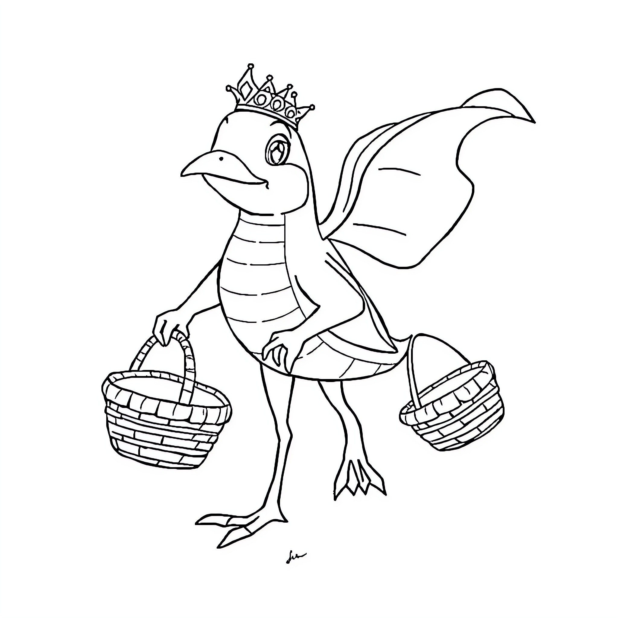 Shark carrying baskets on its way Coloring Page (free black-and-white line drawing printable PDF for all, from beginners to advanced learners, including children, teens, adults, and seniors)