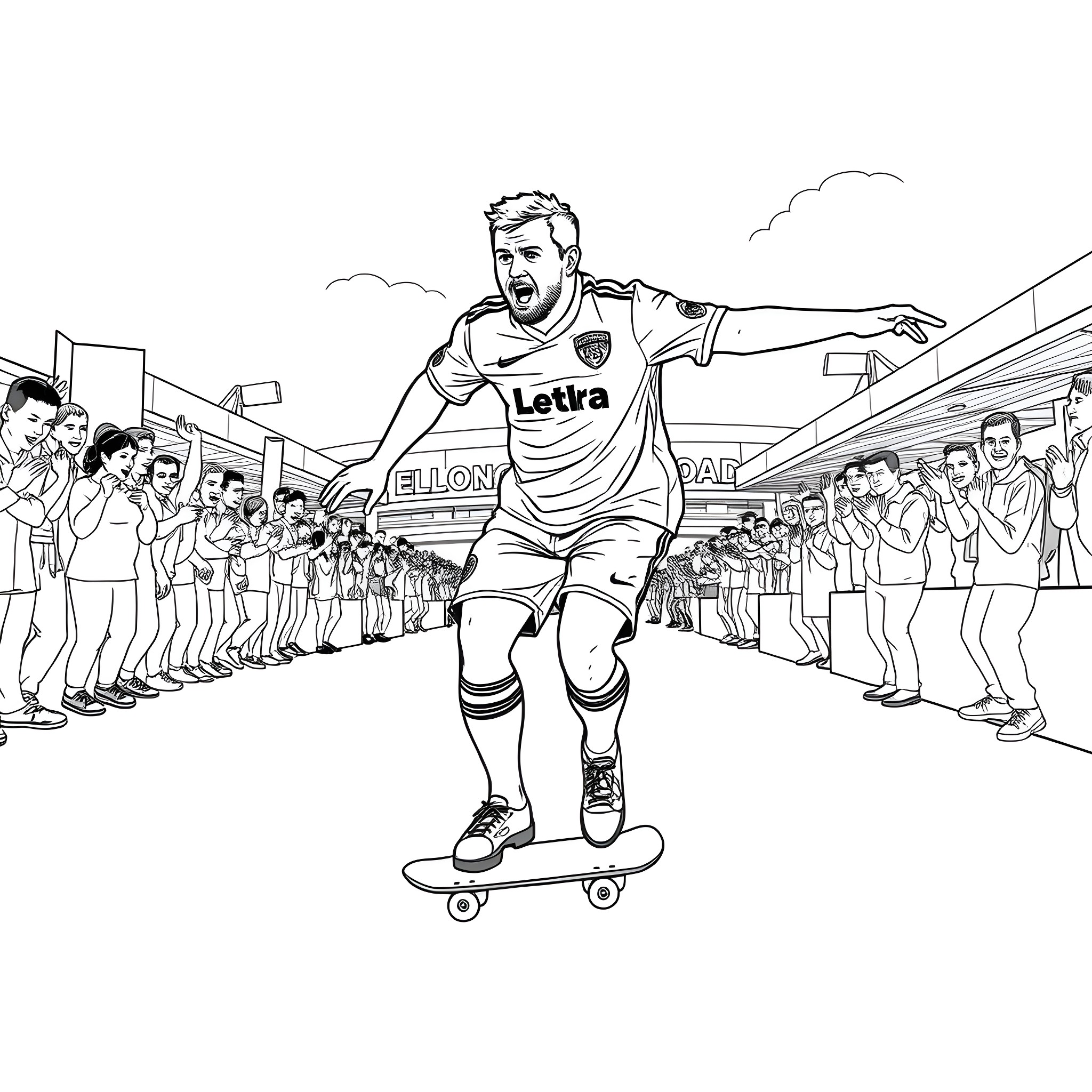 Marcelo Bielsa celebrating on a skateboard in front of a crowd Coloring Page (free black-and-white line drawing printable PDF for all, from beginners to advanced learners, including children, teens, adults, and seniors)