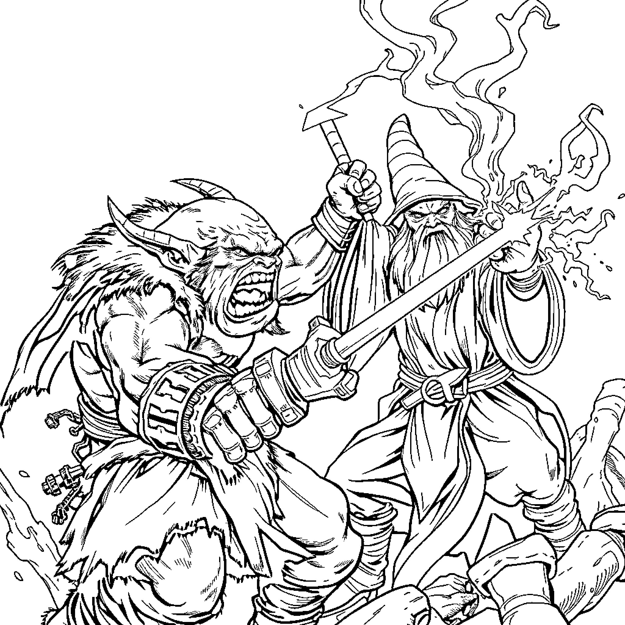Ork warriors engaged in fierce combat Coloring Page (free black-and-white line drawing printable PDF for all, from beginners to advanced learners, including children, teens, adults, and seniors)