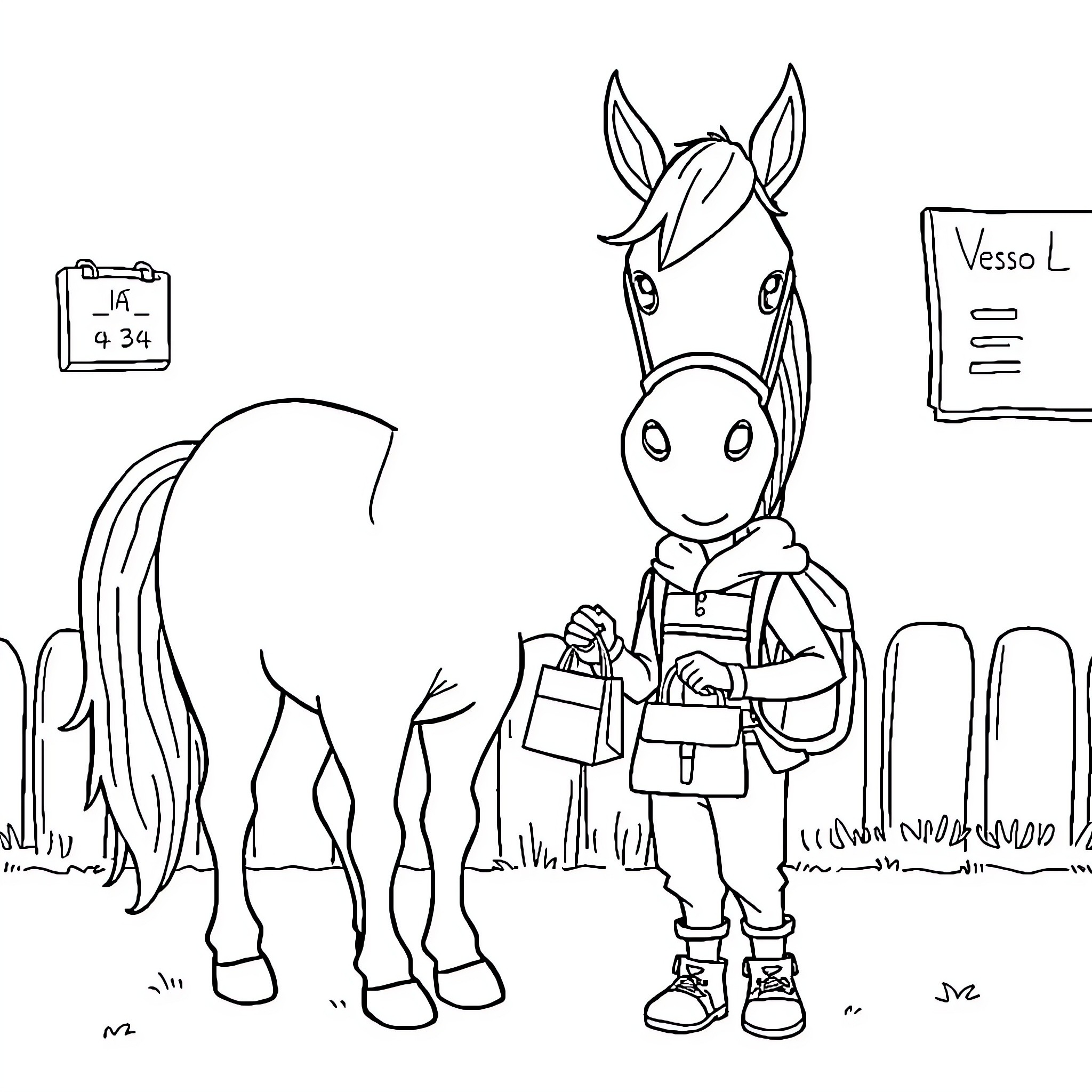 Horse carrying school supplies in the classroom Coloring Page (free black-and-white line drawing printable PDF for all, from beginners to advanced learners, including children, teens, adults, and seniors)