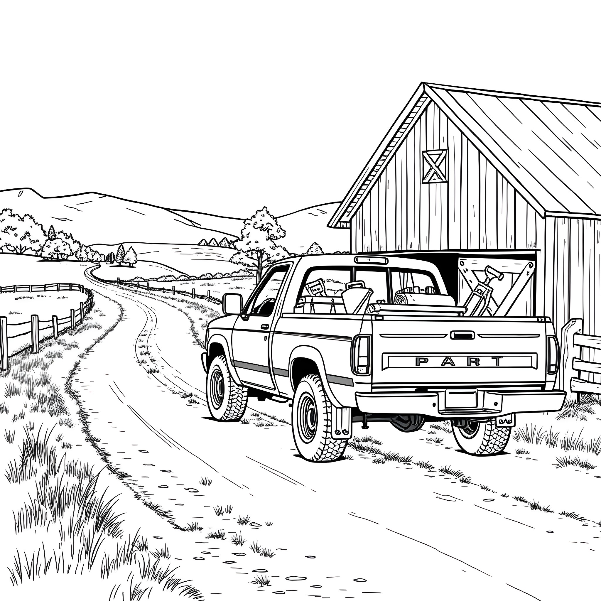 Pick Up Truck Parked in Front of Country Barn Coloring Page (free black-and-white line drawing printable PDF for all, from beginners to advanced learners, including children, teens, adults, and seniors)