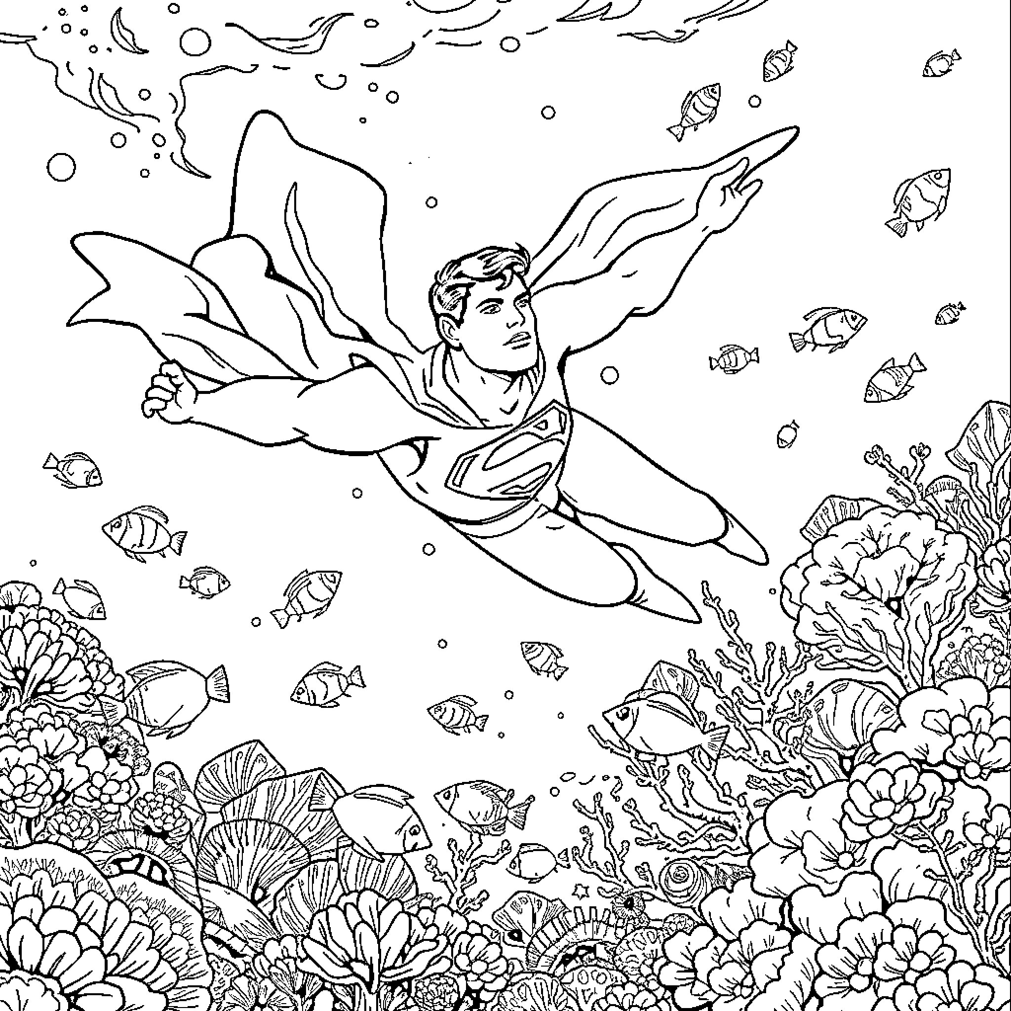 Superman swimming underwater through a coral reef Coloring Page (free black-and-white line drawing printable PDF for all, from beginners to advanced learners, including children, teens, adults, and seniors)