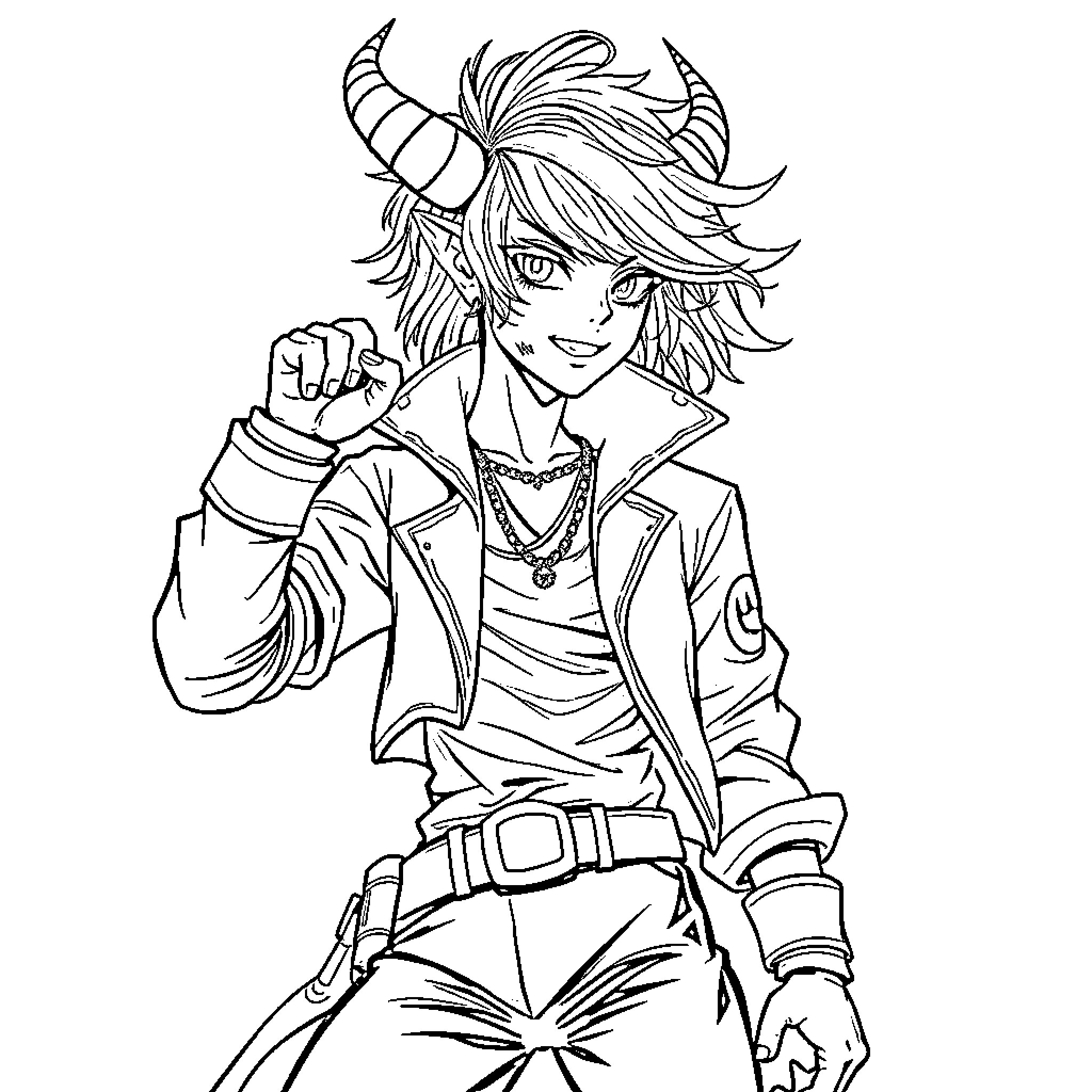 K-POP Demon Hunter in Fierce Stance Coloring Page (free black-and-white line drawing printable PDF for all, from beginners to advanced learners, including children, teens, adults, and seniors)
