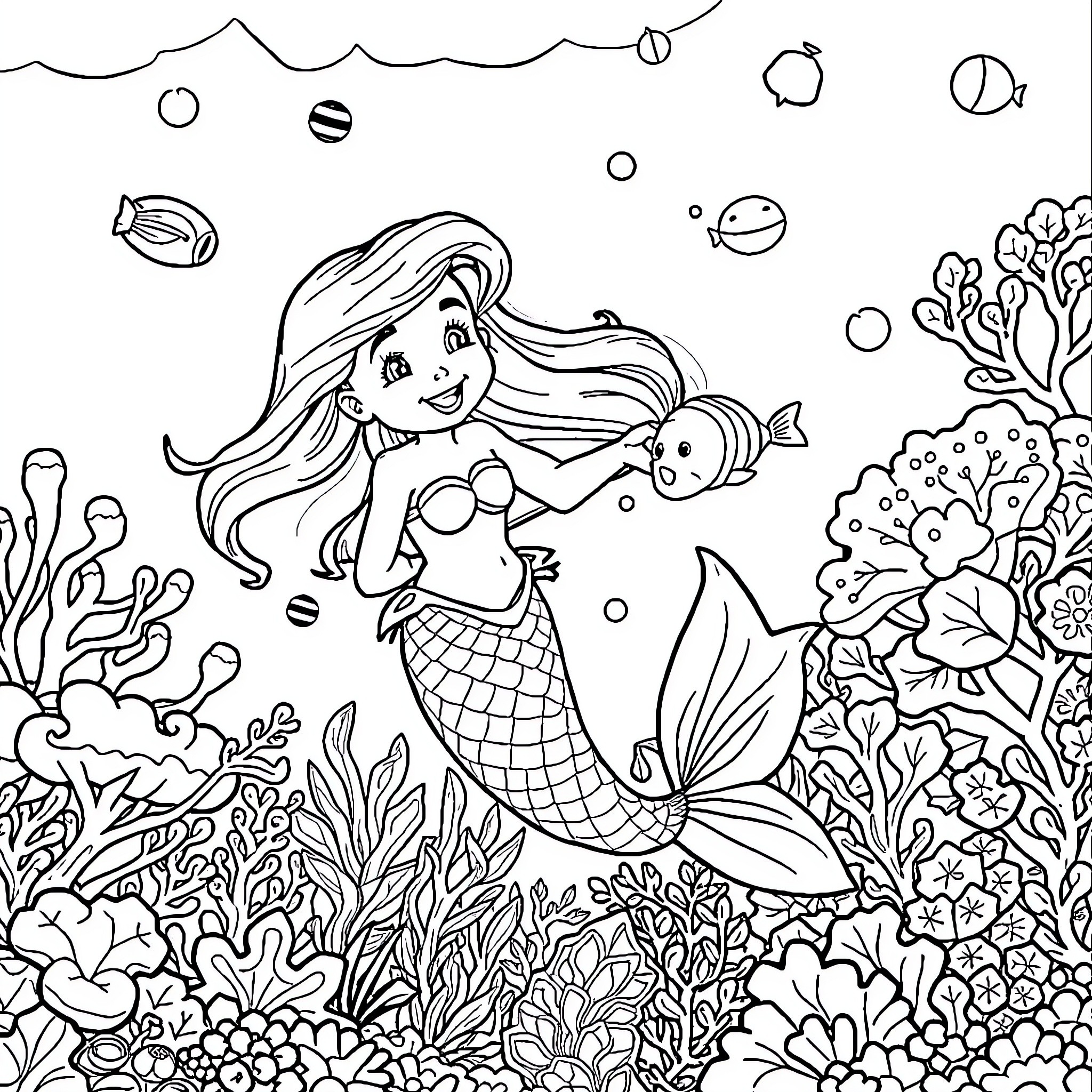 Mermaid swimming gracefully in the underwater garden Coloring Page (free black-and-white line drawing printable PDF for all, from beginners to advanced learners, including children, teens, adults, and seniors)