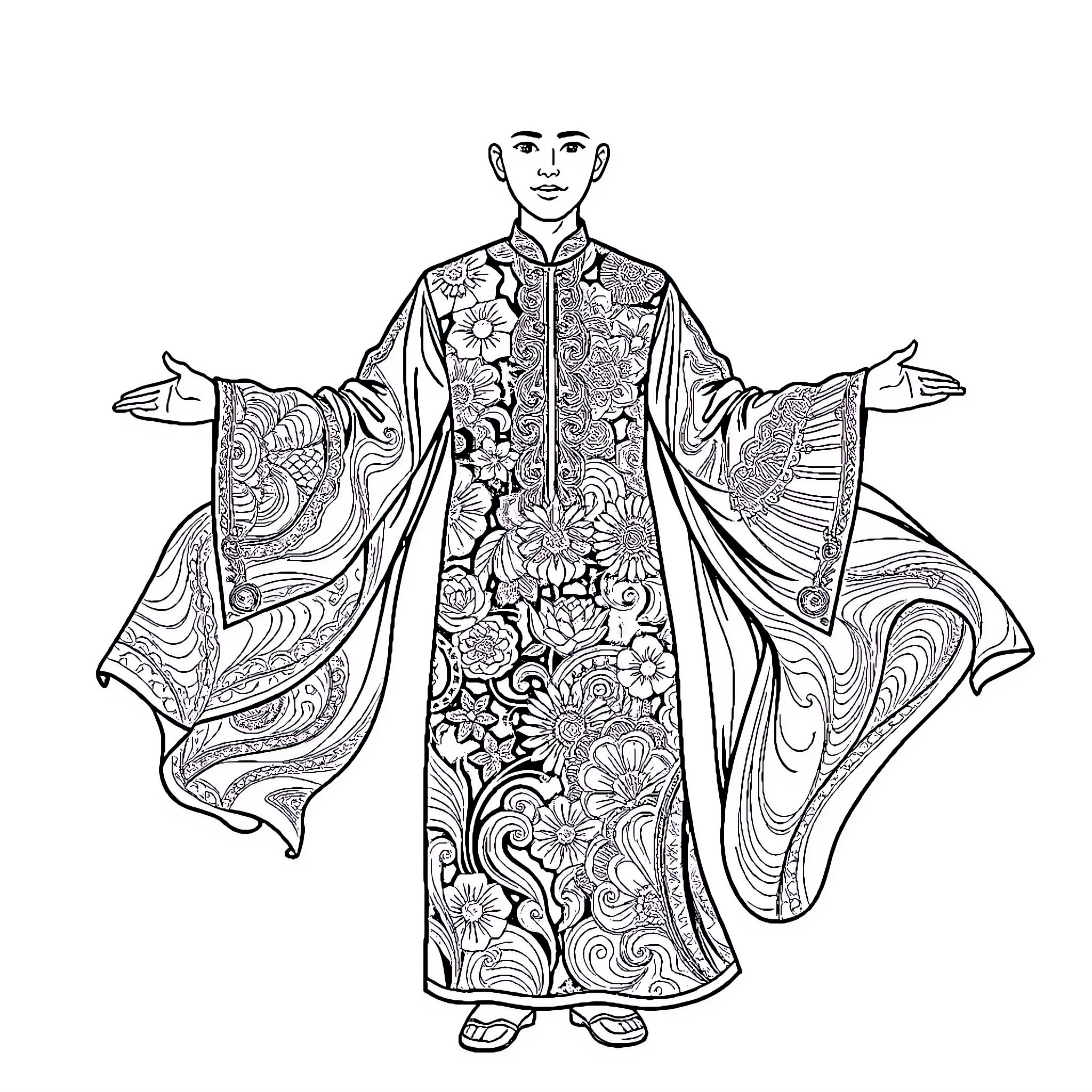 Baju Kurung with Floral Patterns and Flowing Sleeves Coloring Page (free black-and-white line drawing printable PDF for all, from beginners to advanced learners, including children, teens, adults, and seniors)