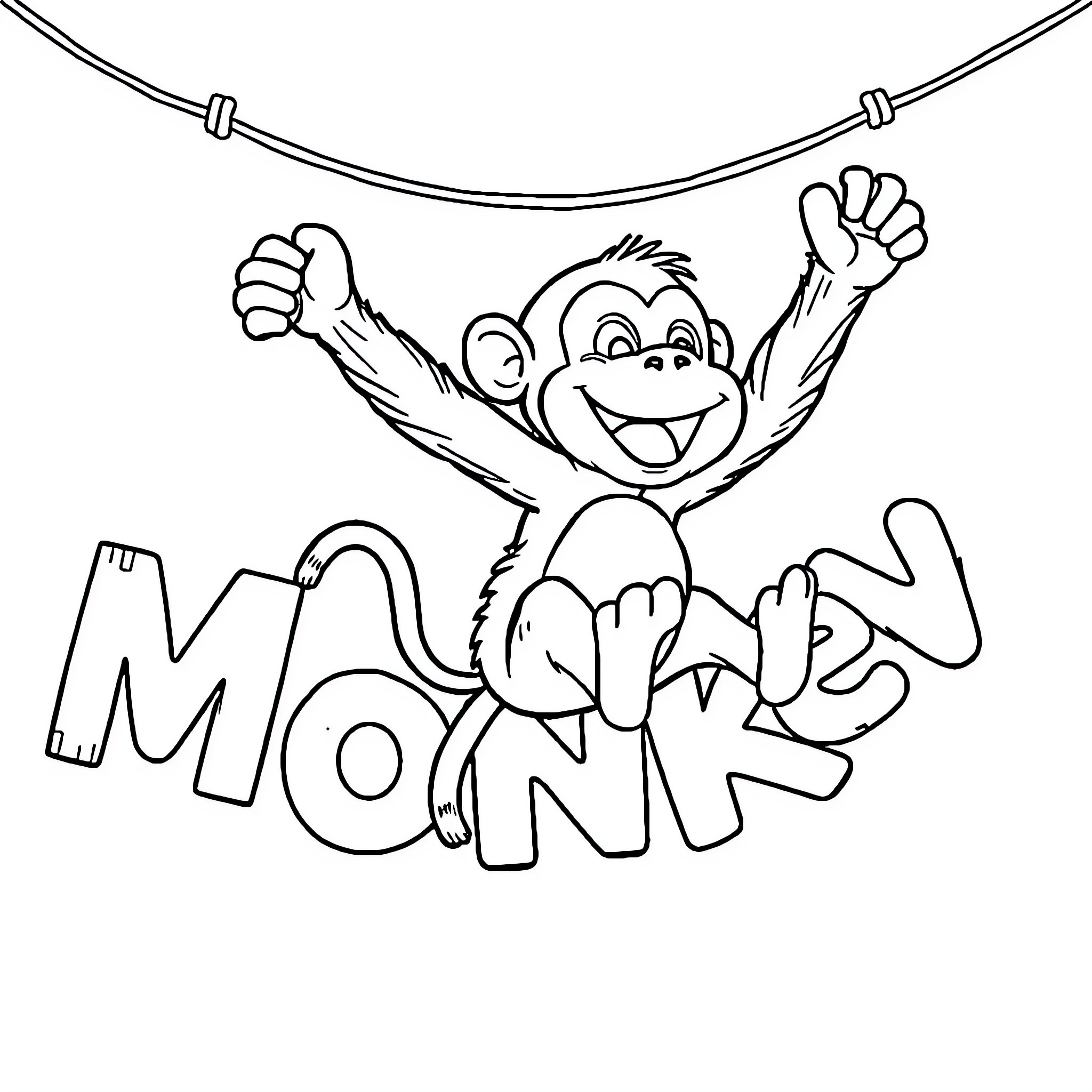 Monkey playing happily on monkey bars Coloring Page (free black-and-white line drawing printable PDF for all, from beginners to advanced learners, including children, teens, adults, and seniors)