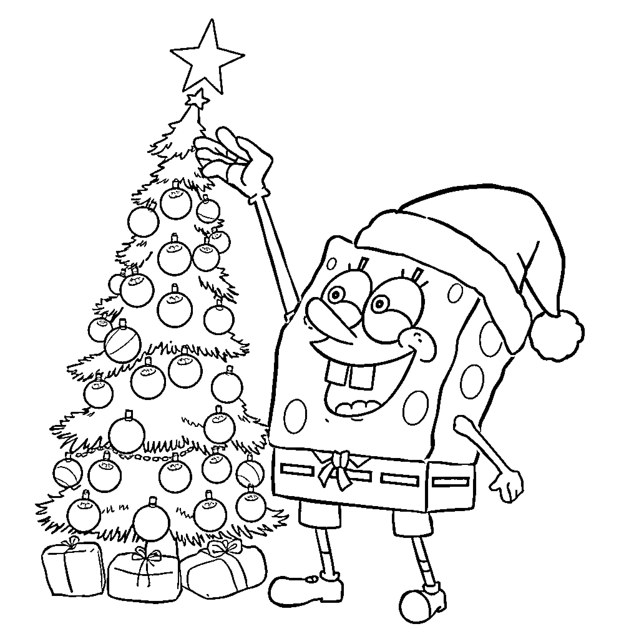 Spongebob decorating the Christmas tree Coloring Page (free black-and-white line drawing printable PDF for all, from beginners to advanced learners, including children, teens, adults, and seniors)