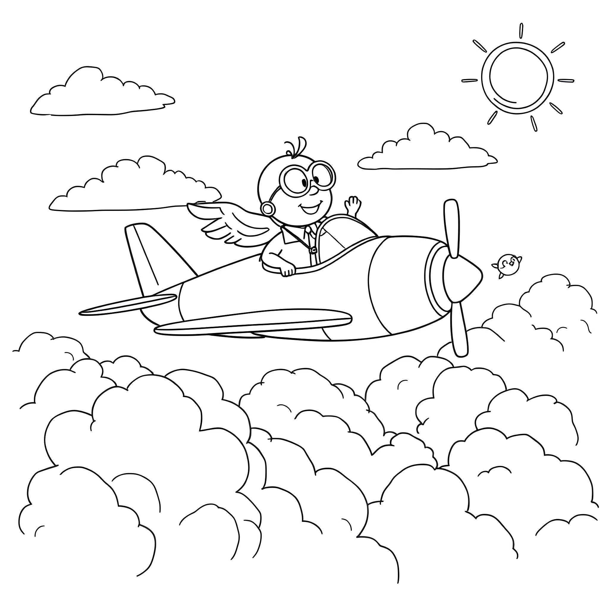Bluey flying high in a plane with clouds Coloring Page (free black-and-white line drawing printable PDF for all, from beginners to advanced learners, including children, teens, adults, and seniors)