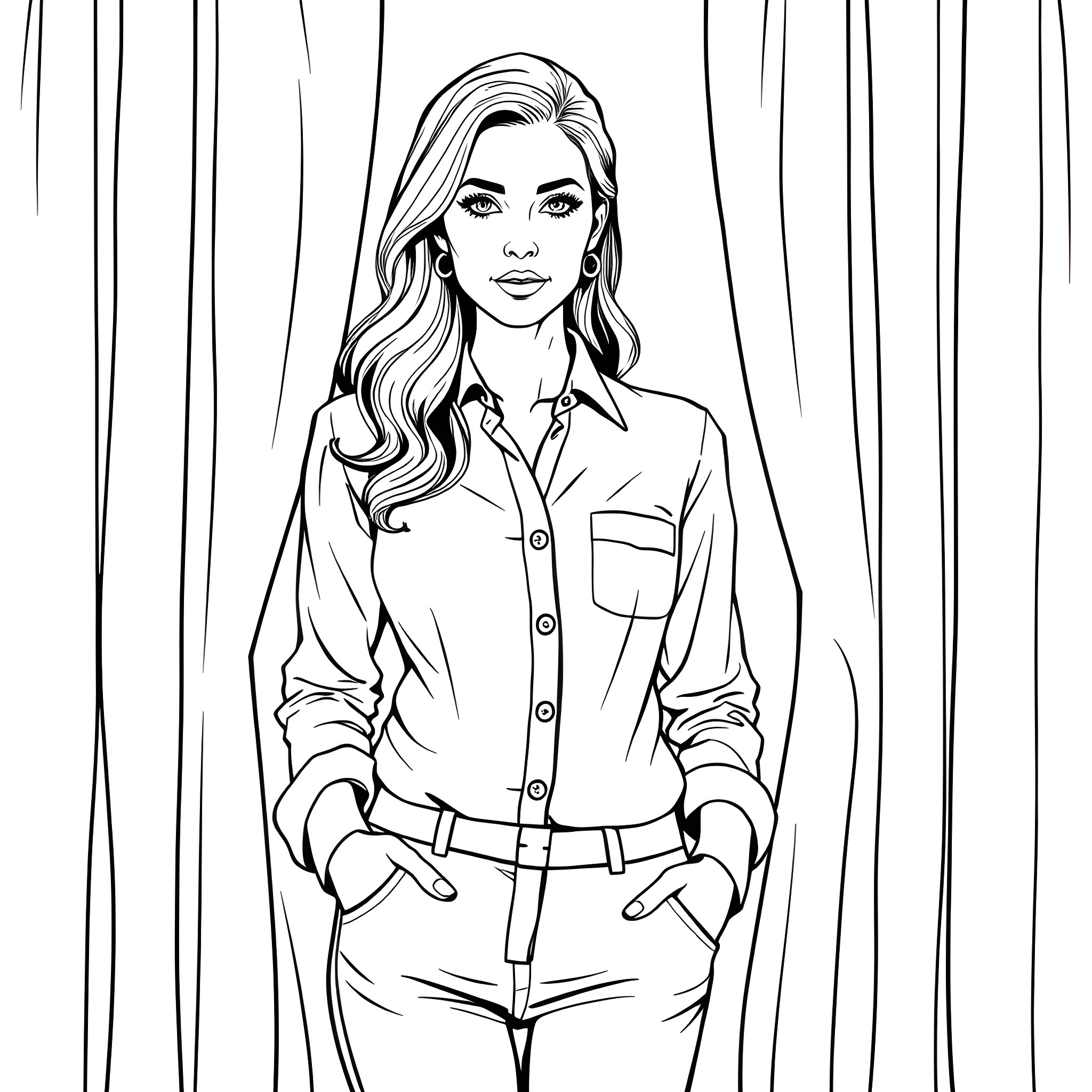 Woman in casual outfit standing in front of curtains Coloring Page (free black-and-white line drawing printable PDF for all, from beginners to advanced learners, including children, teens, adults, and seniors)